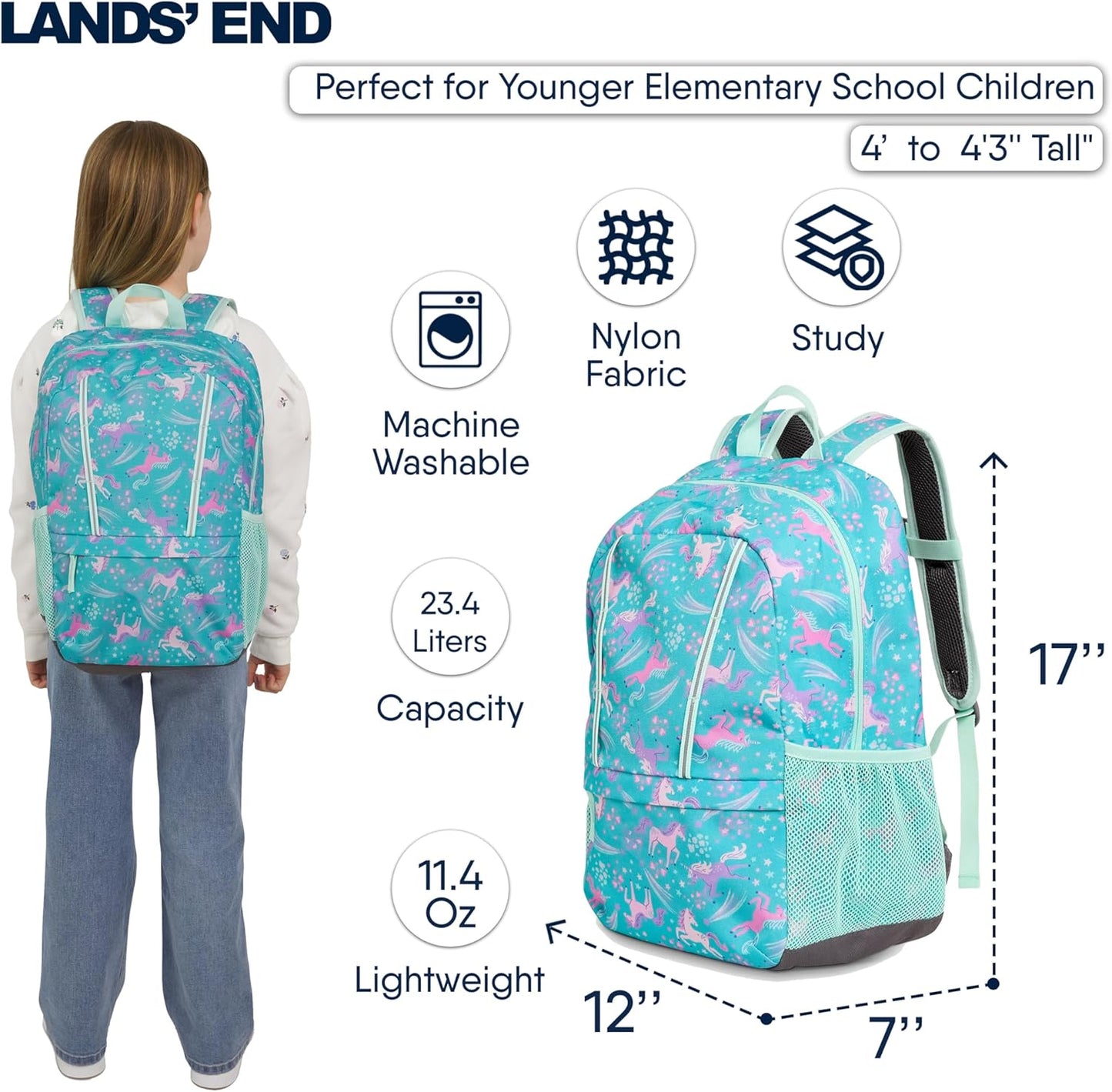 Lands' End Unisex Kids Medium ClassMate Lightweight Durable Elementary School Backpack, Ceramic Blue