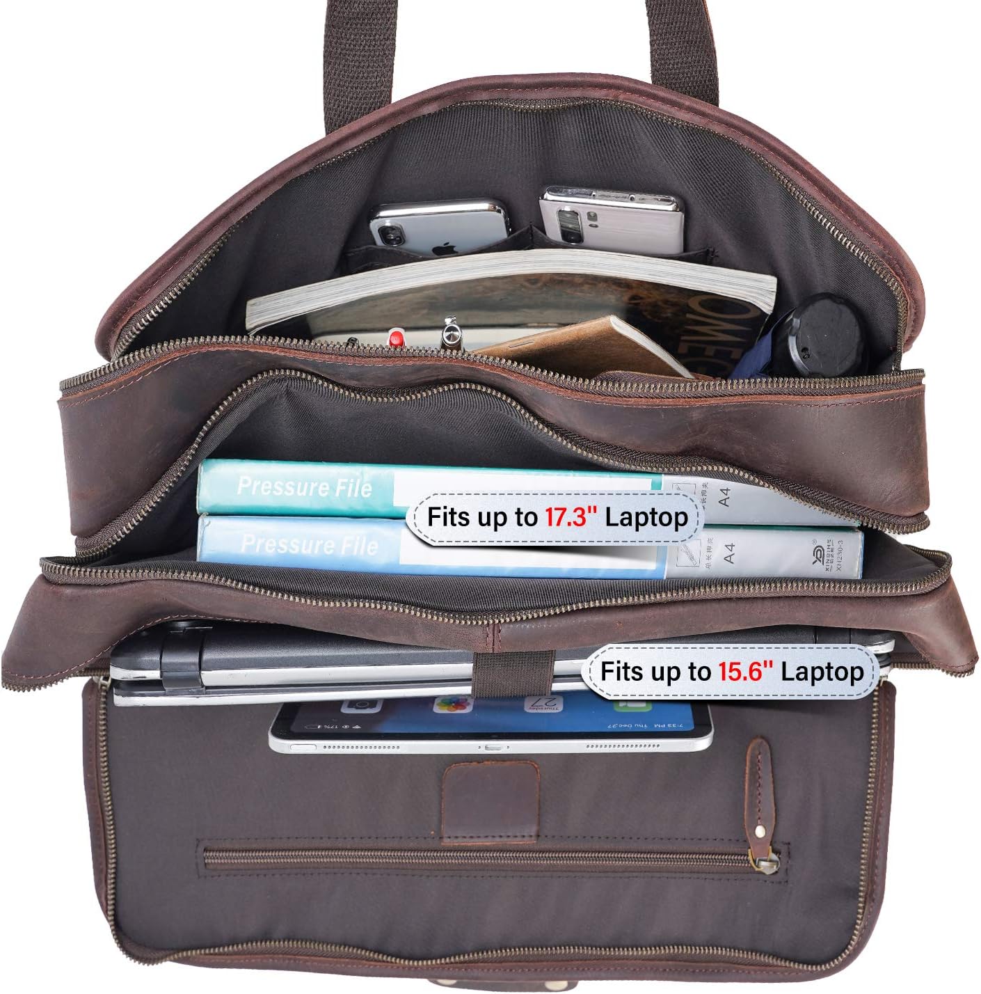 Men's Full Grain Leather Briefcase Large 17 Inch Business Travel Laptop Messenger Bag Tote with YKK