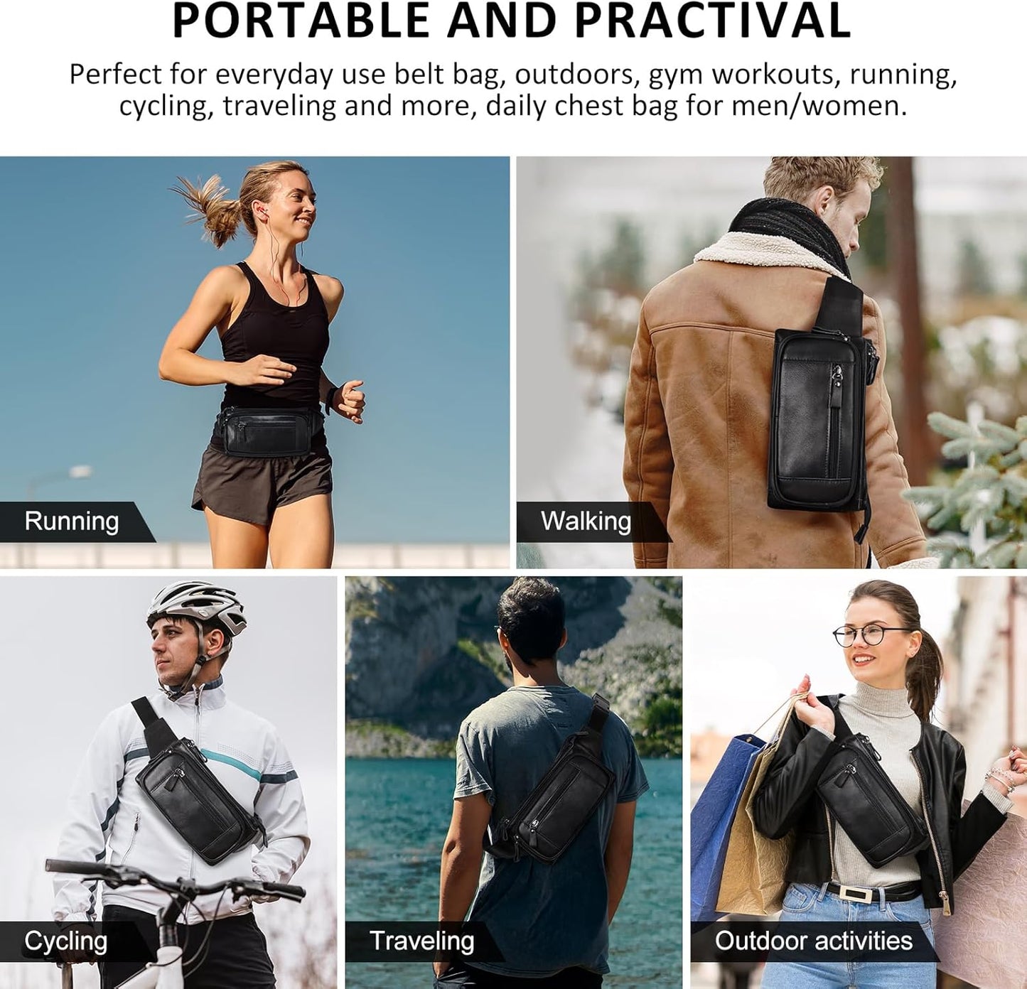 Leather Fanny Pack for Men Women, Belt Bag Fashion Waist Packs Small Crossbody Bag with Adjustable Strap for Travel Sport Walk (Black)