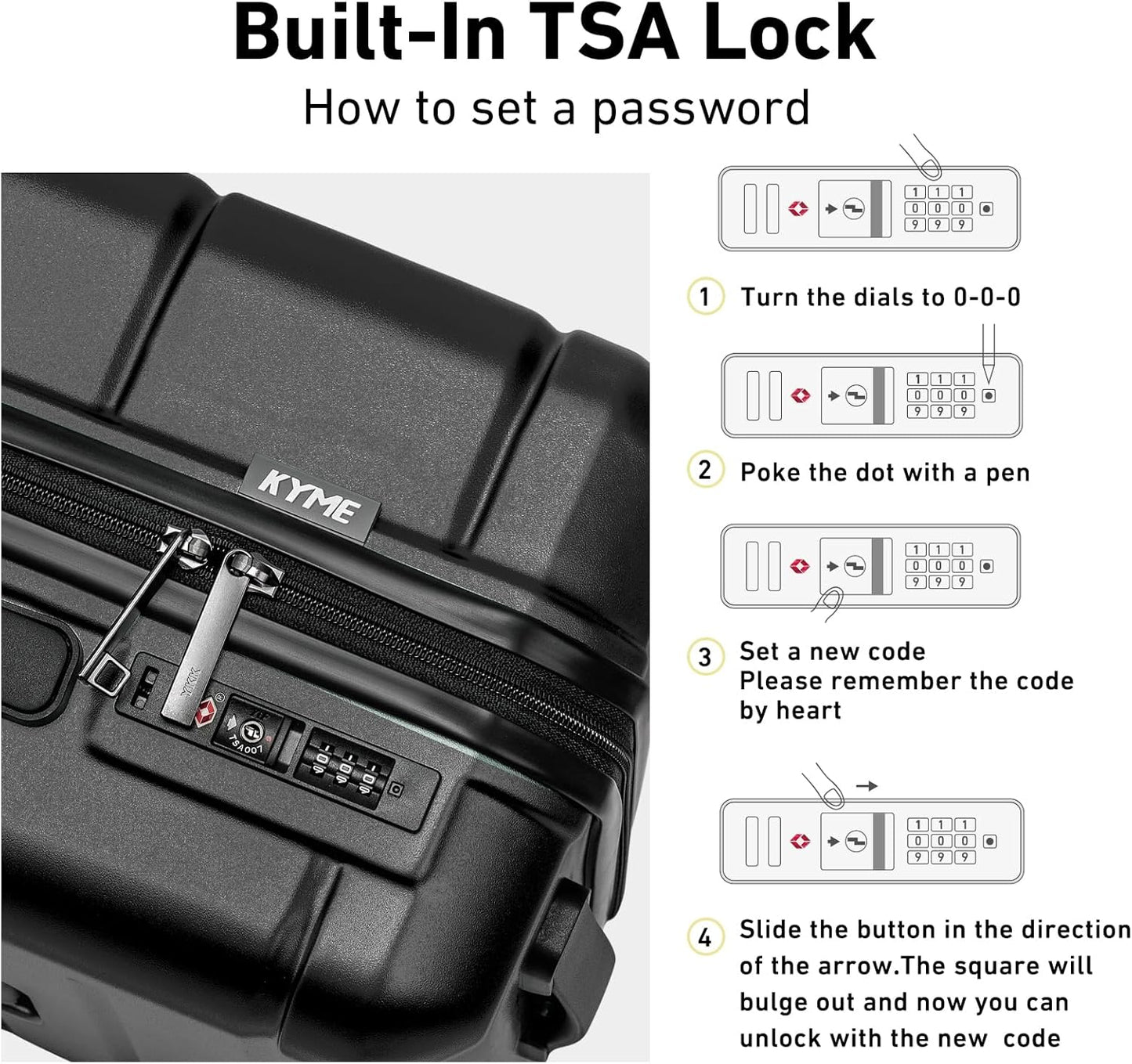 KYME Luggage Sets 3 Piece Hard Shell 22in/26in/30in Suitcases with Wheels Hardside Suitcase Set with TSA Lock Travel Rolling Luggage Set for Women Men Black