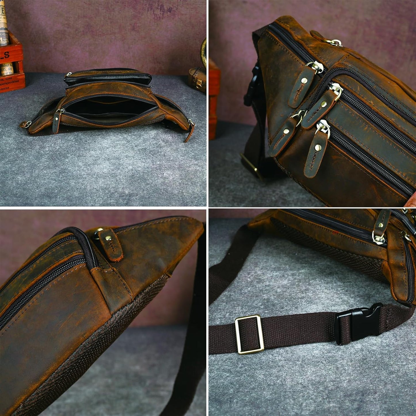 Thick Crazy Horse Leather Hiking Riding Travel Outdoor Belt Bag Fanny Waist Pack Small Phone Pouch For Men Women 380 (383 Brown)