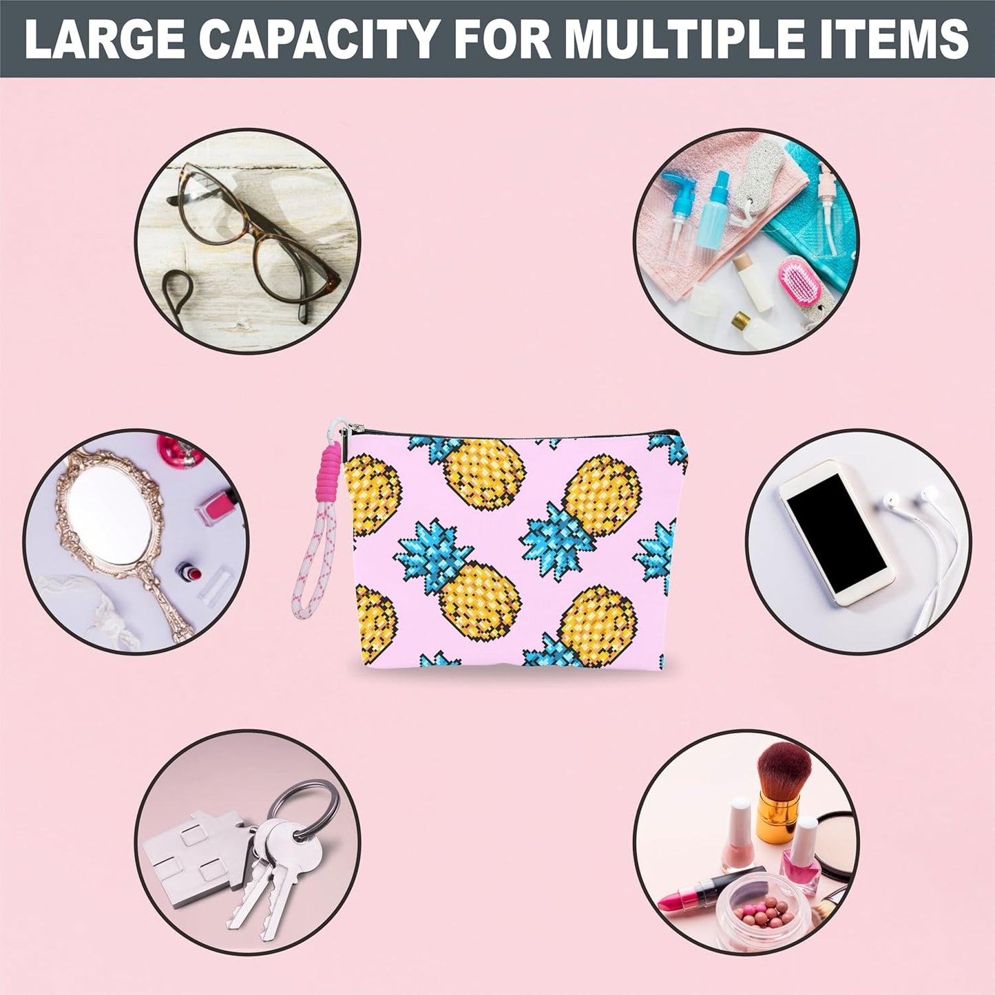 Pink Make Up Bag, Cosmetic Bag With Hand Strap- Pixel Pineapple - Lined Toiletry Bag For Woman - Travel Pouch, Organizer With Zipper, Women Essentials & Accessories - A11