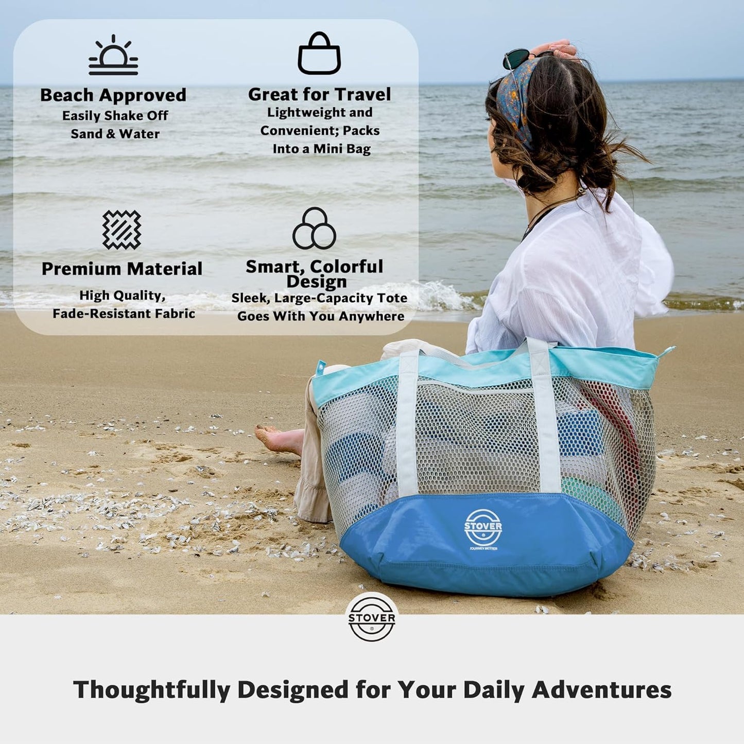 STOVER Large Mesh Beach Bag, Vacation, Pool, Shopping, & Travel Tote - Foldable w/Storage Pockets for Women, Men & Families