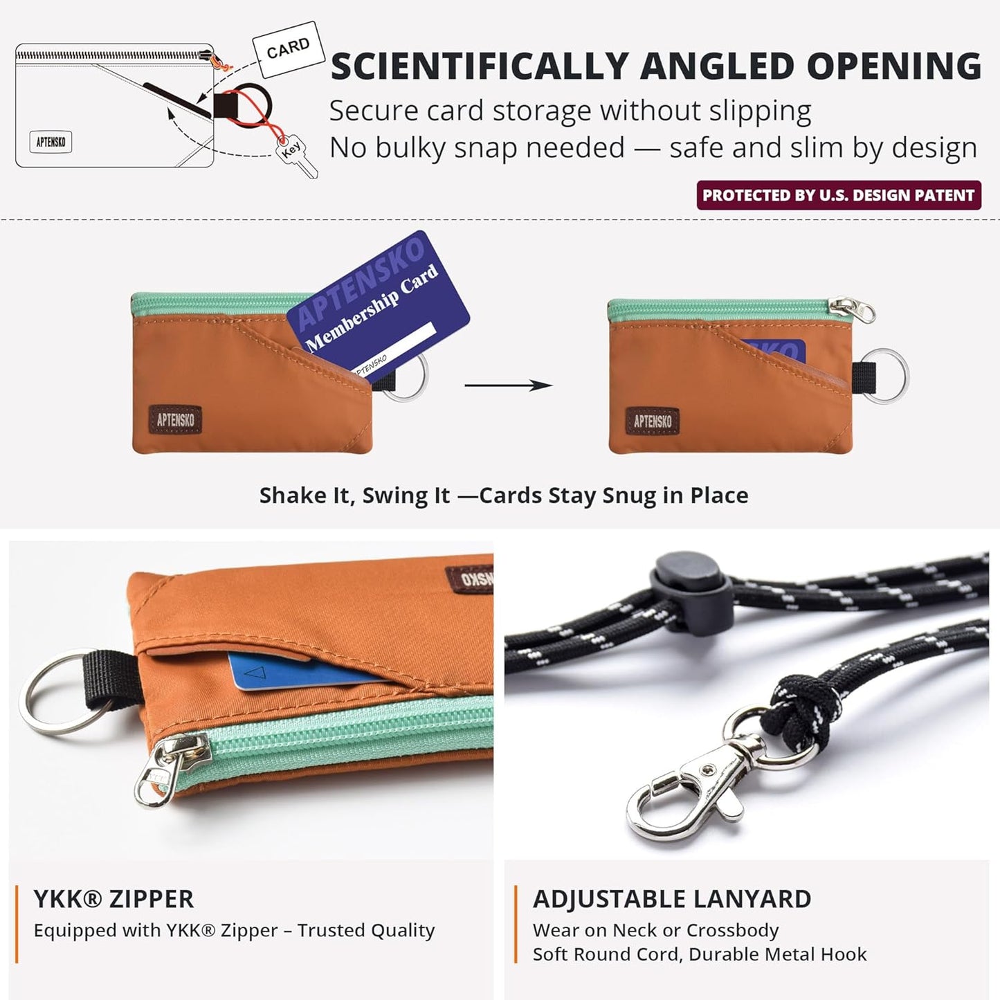 RFID Travel Wallet with Adjustable Lanyard-Zipper Small Wallet with ID Card Holder, Keychain for women&men-Minimalist Slim Waterproof Nylon case for ID, Cash, Key (Rust)