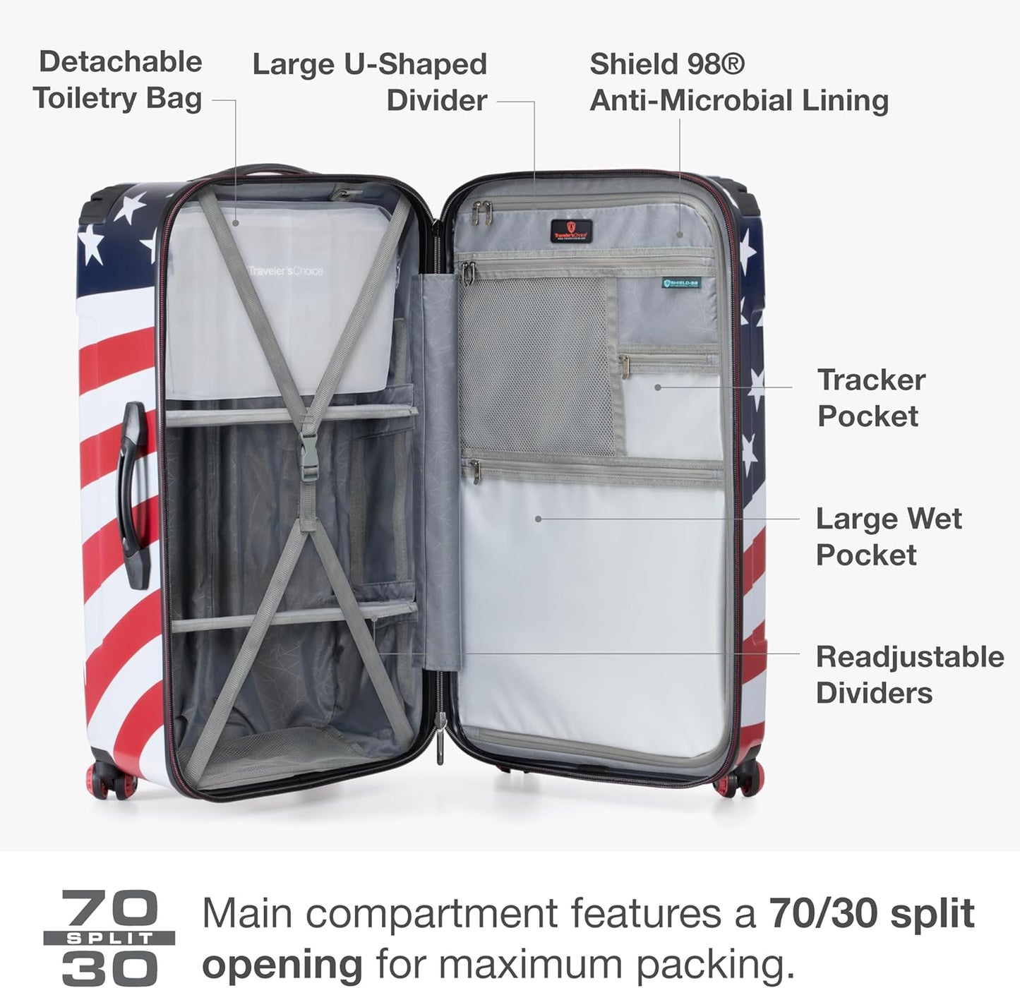 Traveler's Choice Maxporter II Hardside Polycarbonate Spinner Wheels, American Flag, 30" Trunk Luggage