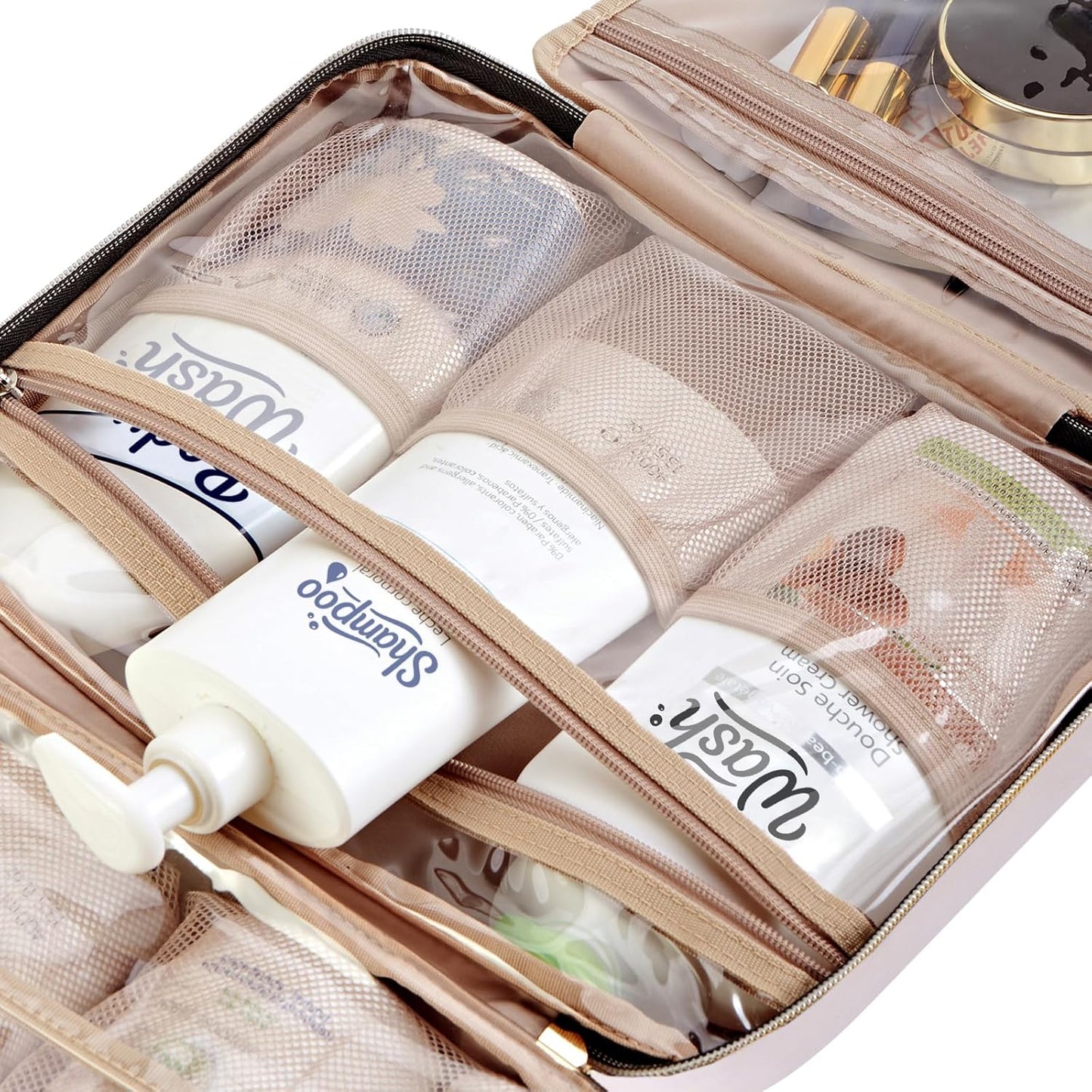 NISHEL Travel Toiletry Bag for women, Portable Hanging Organizer for Full-Sized Shampoo, Conditioner, Brushes Set, Makeup Accessories, Large Size, Pink