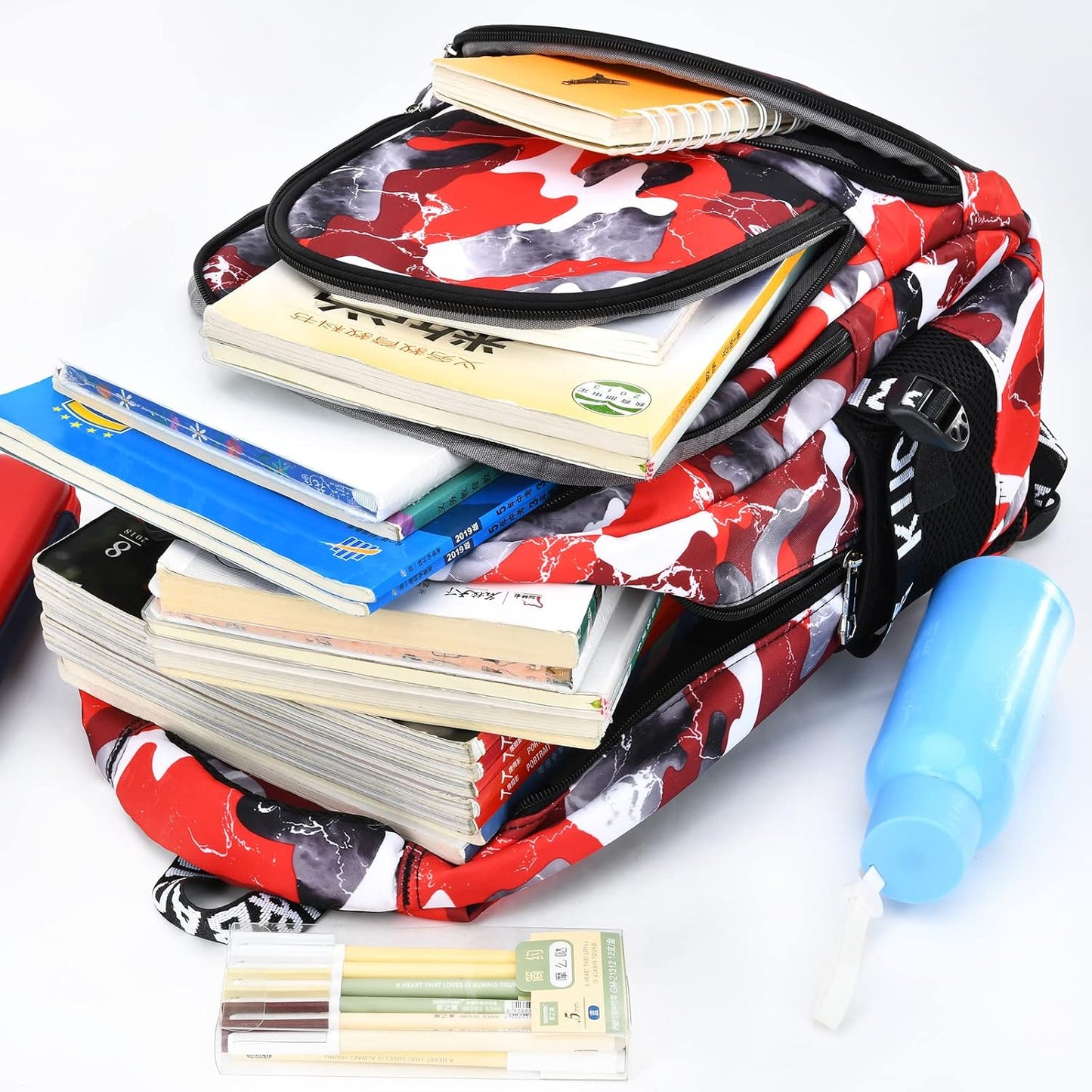 Camo Backpack for Kids, Lightweight Camo Backpack Elementary Middle School Backpack Water Repellent Bookbag (Camo Red 2 in 1)