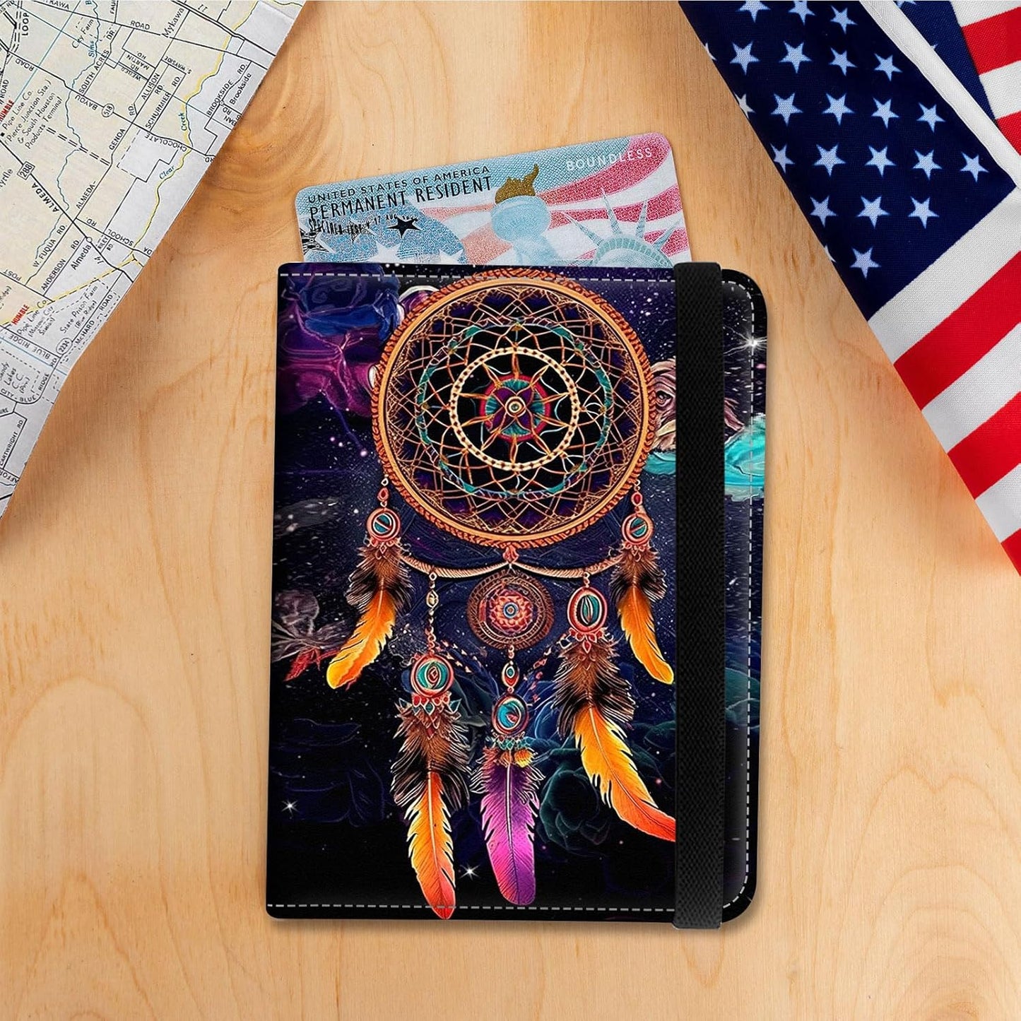 Passport Holder Cover Wallet Travel Essentials RFID Blocking Case Leather Passport Cover Wallet Vaccine Card Slot Organizer for Men Women, Dreamcatcher