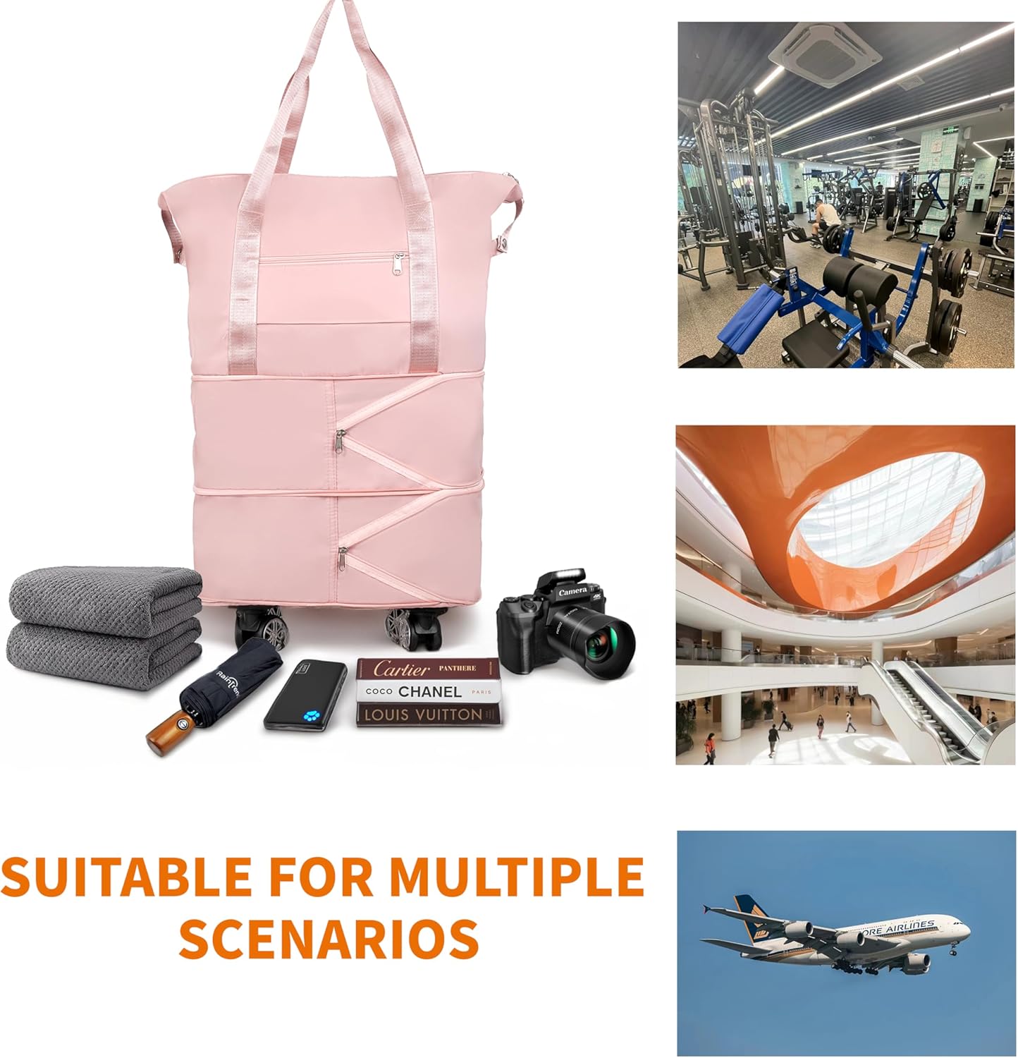 Finnhomy 50L Expandable Rolling Duffel Bag with Wheels Foldable Duffel Bag for Travel Carry on Bag with Wheels Luggage Travel bag Detachable Wheel Duffel Bag for Shopping Travel Outdoor, Pink
