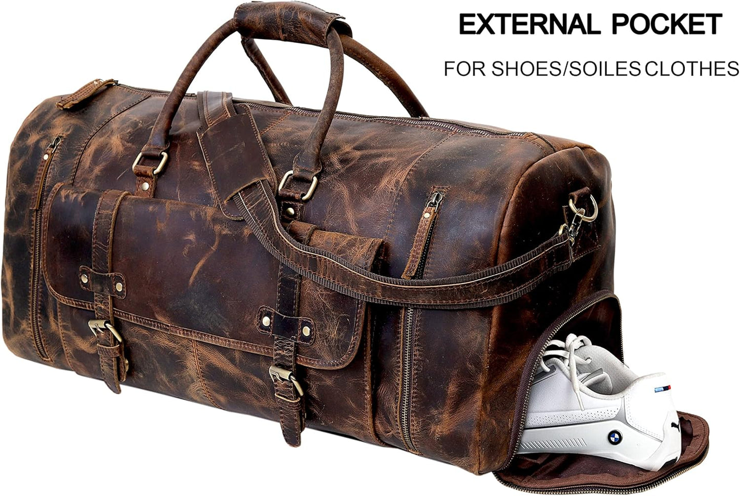 Genuine buffalo Leather Travel Duffel Bag, Large Handcrafted Weekender, vintage Overnight Bag for Men with Shoe Compartment, Detachable Shoulder Strap & Internal Sections for Cards & Cell Phone