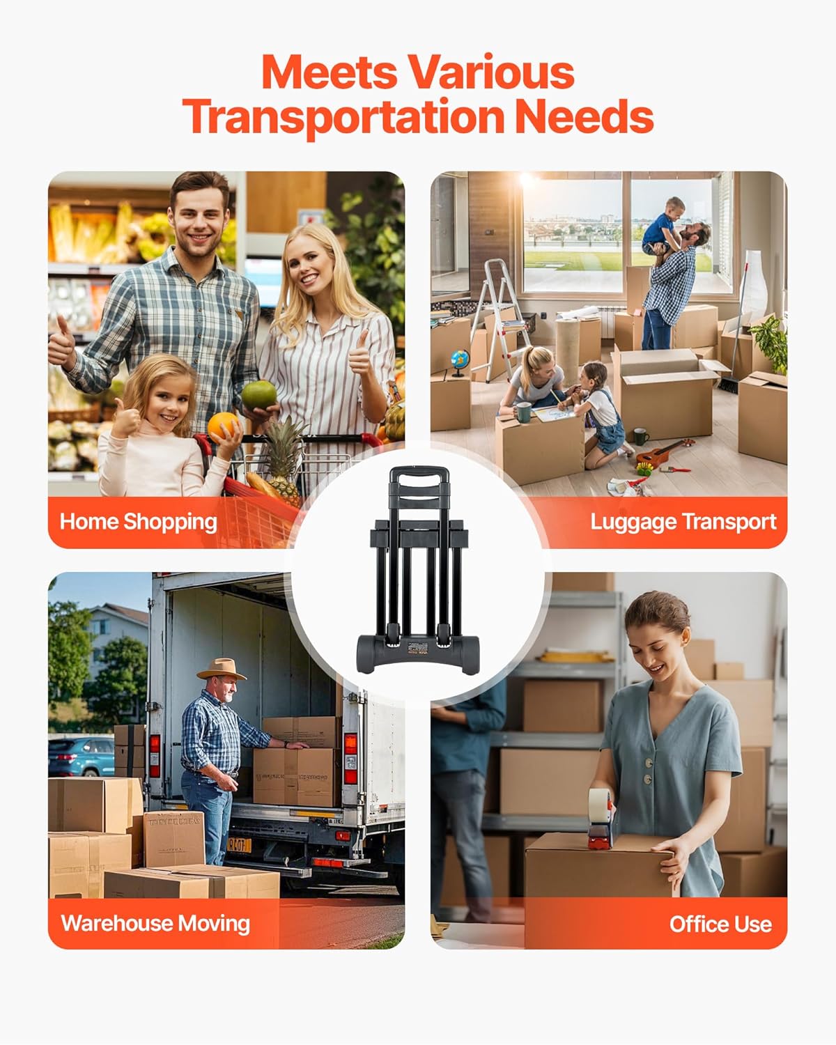 VEVOR Folding Hand Truck, 290 lbs Load Capacity, Collapsible Luggage Cart with 4 Wheels, 2 Elastic Ropes & Expandable Base, Utility Dolly Platform Cart for Airport Travel Luggage Office Moving, Black