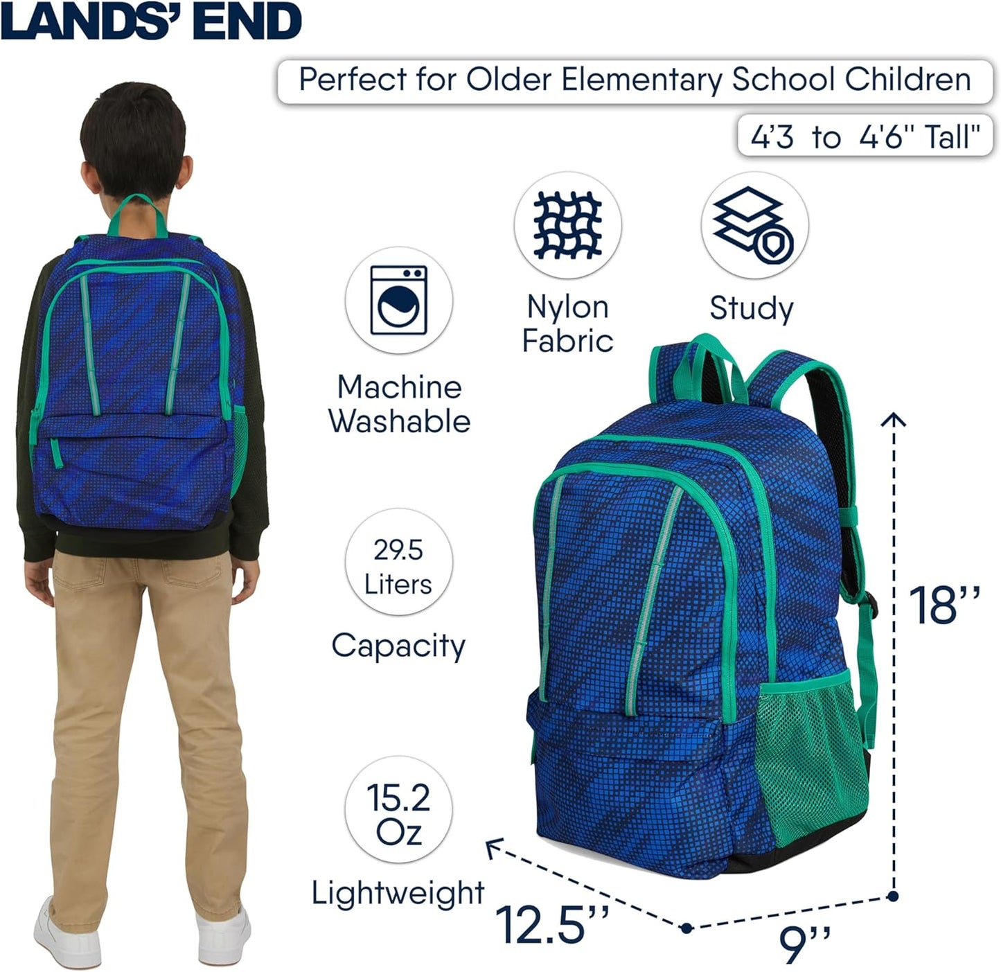 Lands' End Unisex Kids Large ClassMate Lightweight Durable Elementary School Backpack, Nicci
