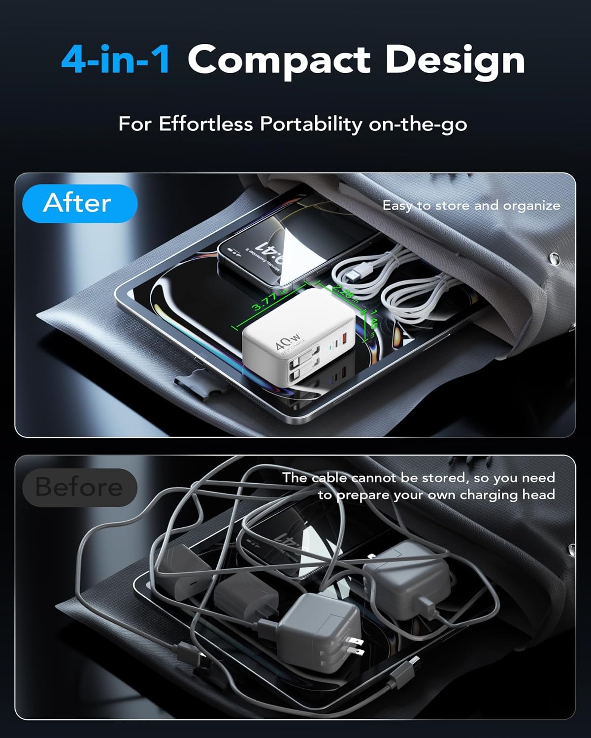 4-in-1 Retractable Gan Wall Charger Plug for iPhone 17 USB C,Travel Essentials Brick Multiport,3ft Lightening+ Type C Cables,40W Fast Charging Foldable Block for iPhone 17 Pro/16/15/14/13,iPad,Galaxy