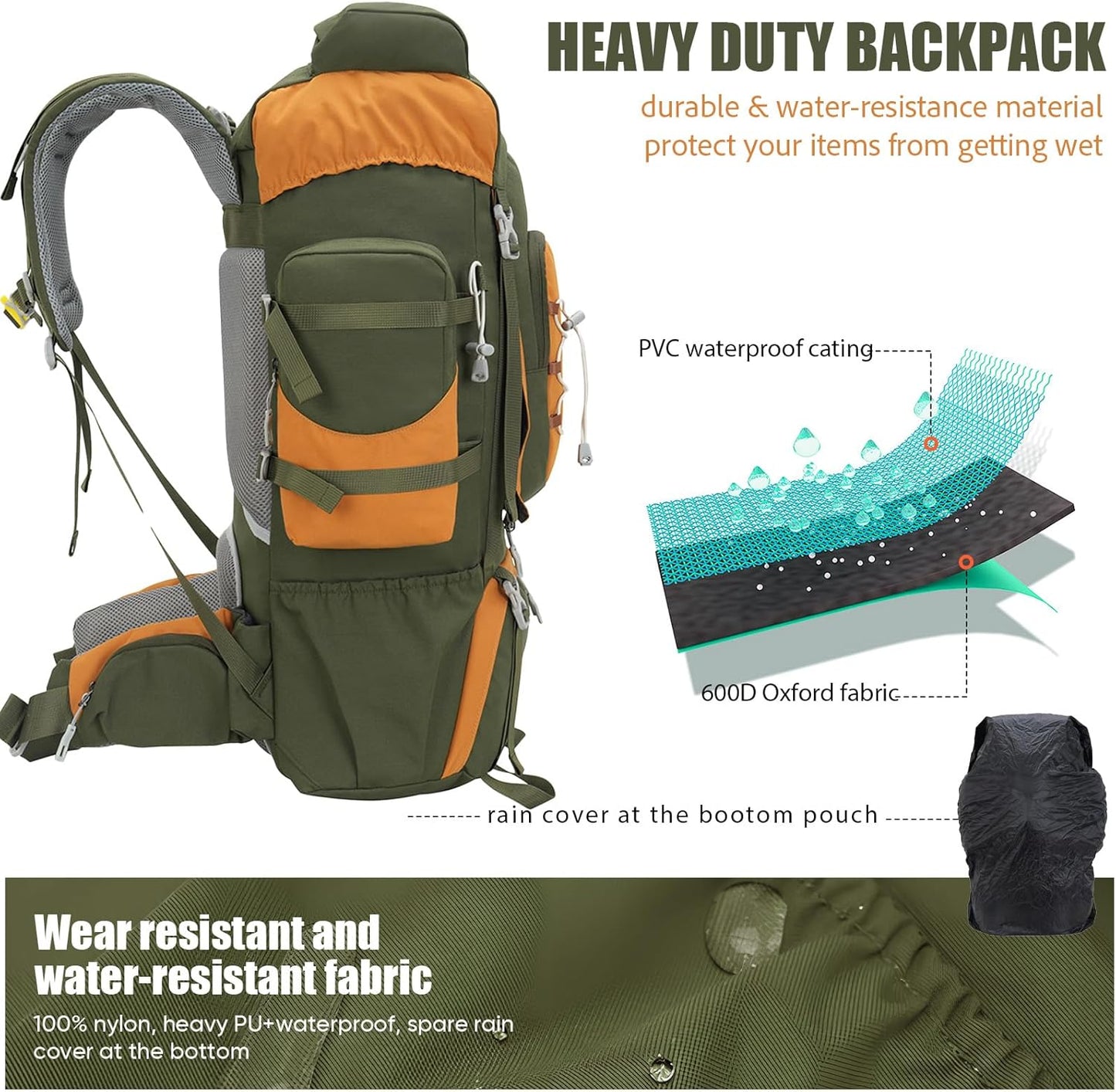 Bseash 70L (65+5) Waterproof Hiking Camping Backpack with Rain Cover, Outdoor Sport Travel Daypack for Climbing Touring (Army Green)