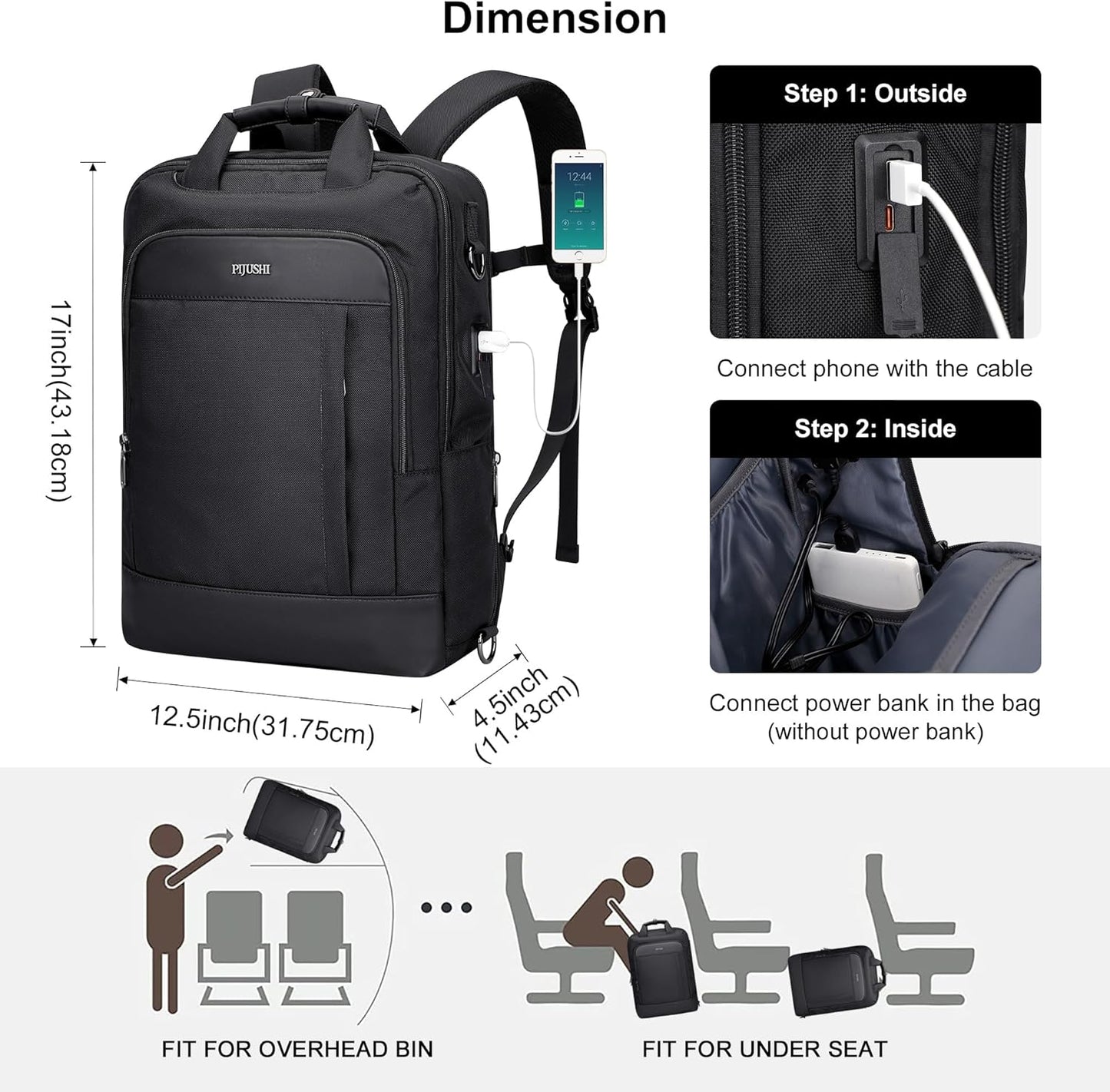 PIJUSHI Laptop Backpack for Women Men Personal Item Travel Backpack Convertible Carry on Bag Flight Approved(PE042 Black)