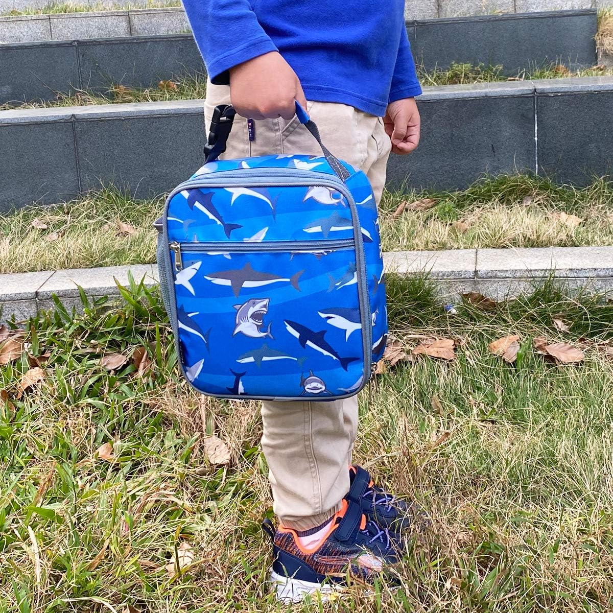FlowFly Kids Lunch box Insulated Soft Bag Mini Cooler Back to School Thermal Meal Tote Kit for Girls, Boys, Shark