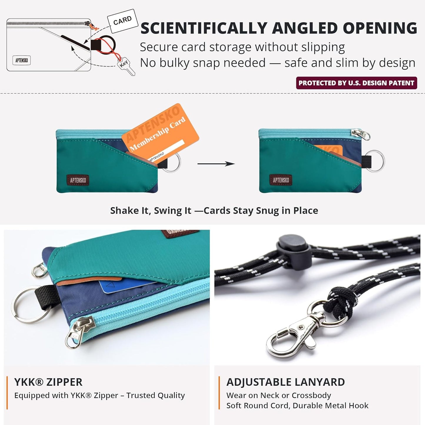 RFID Travel Wallet with Adjustable Lanyard-Zipper Small Wallet with ID Card Holder, Keychain for women&men-Minimalist Slim Waterproof Nylon case for ID, Cash, Key (Turquoise+Navy)