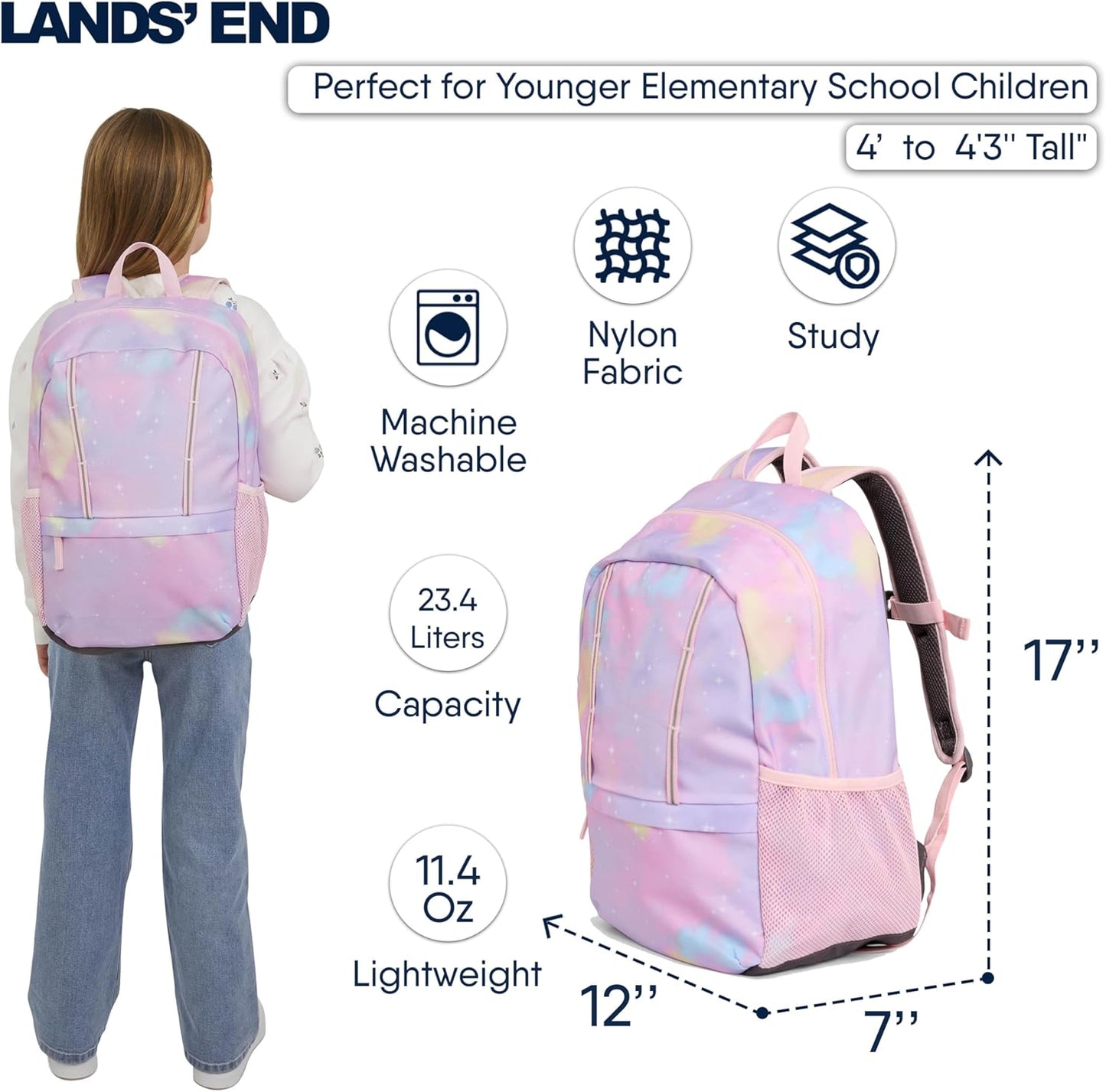 Lands' End Unisex Kids Medium ClassMate Lightweight Durable Elementary School Backpack, Desert Rose