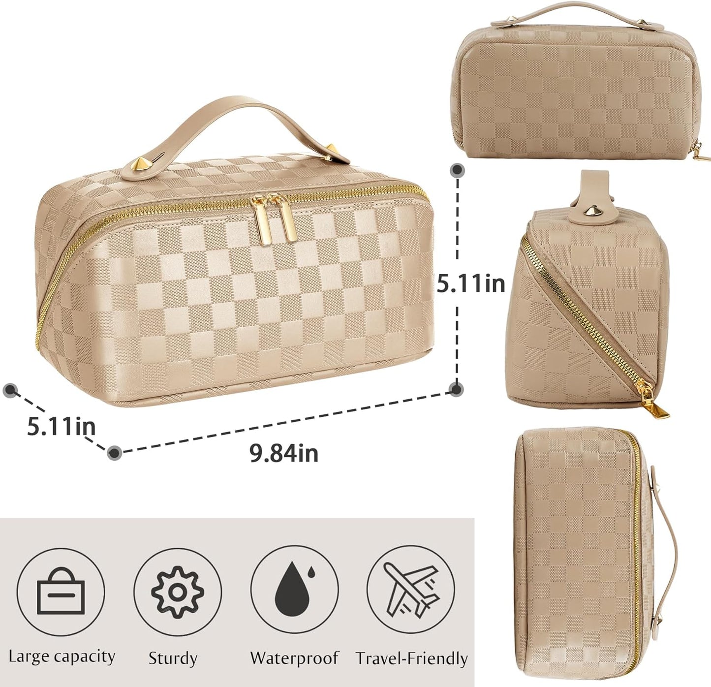 Large Capacity Travel Cosmetic Bag - Portable Makeup Bags for Women Waterproof PU Leather Checkered Makeup Organizer Bag with Dividers and Handle,Toiletry Bag for Cosmetics