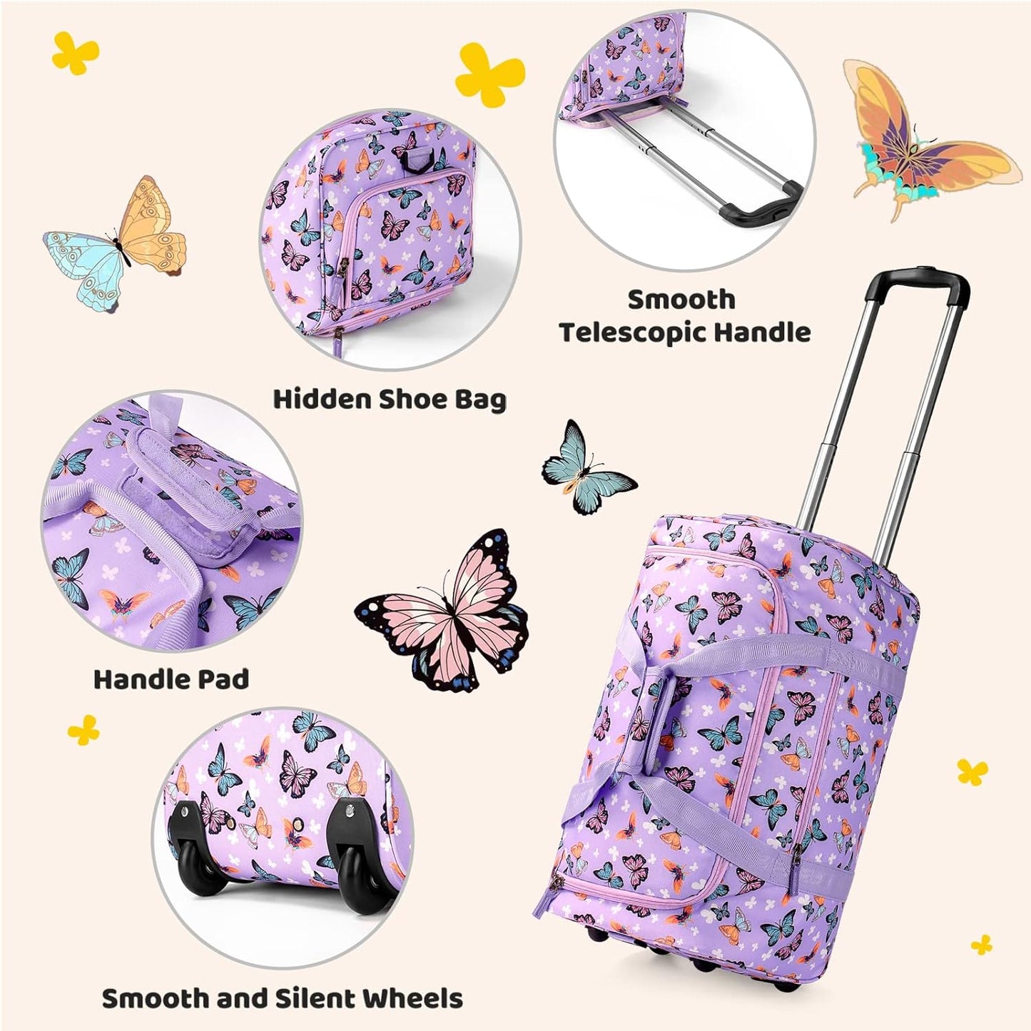 Choco Mocha Girls Tie Dye Suitcase with Wheels Kids Purple Rolling Duffle Bag for Camping Teen Girls Toddler Luggage Bag for Travel, 22inch