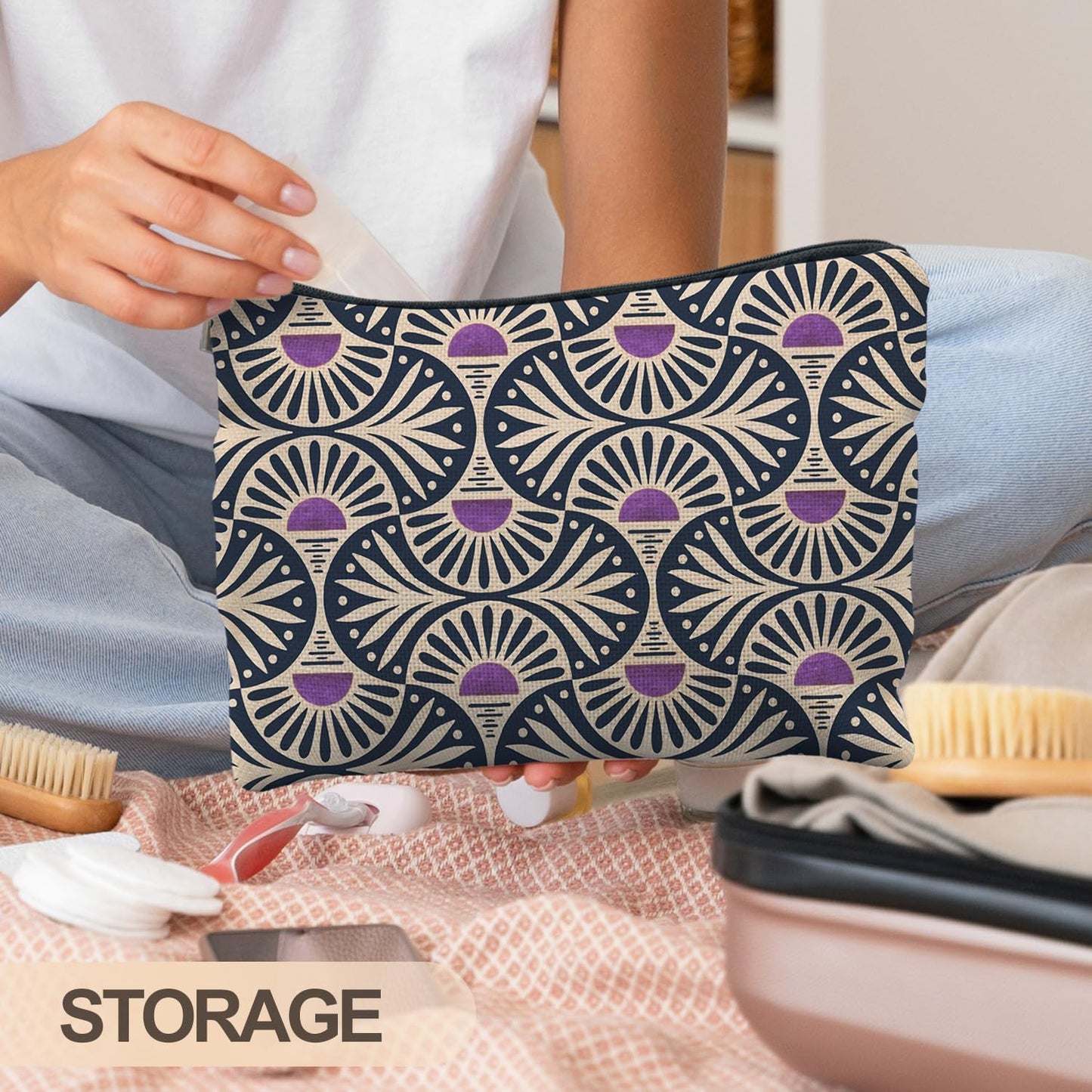 Boho Makeup Bag Gifts for Women, Sunset Leaf Aesthetic Makeup Pouch(Purple)