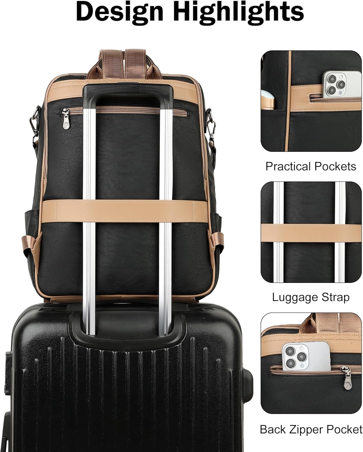 FADEON Laptop Backpack for Women Leather Travel Backpack with Laptop Compartment, Designer PU Shoulder Laptop Bag Black Brown
