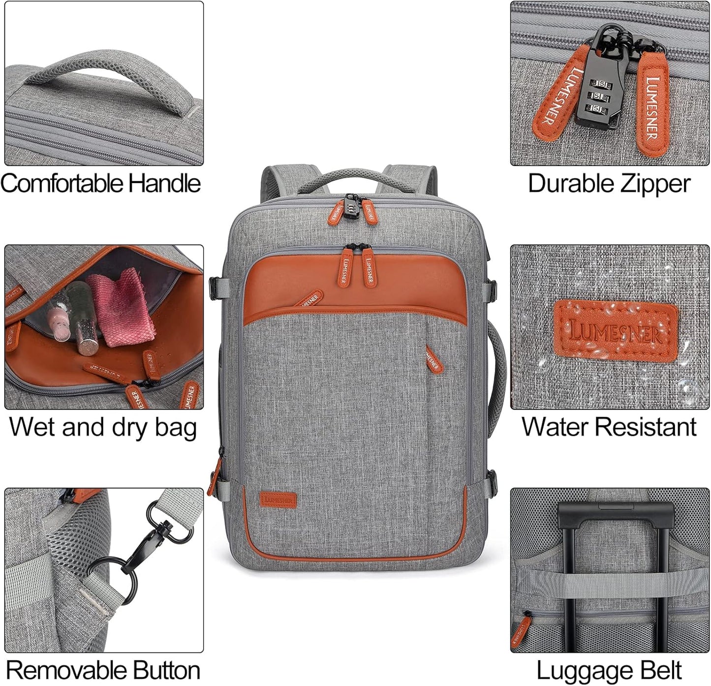 Lumesner Carry on Travel Backpacks, Extra Large 40L Flight Approved for Men & Women,Expandable Suitcase backpack (Grey (Backpack With 4 Packing Cubes))