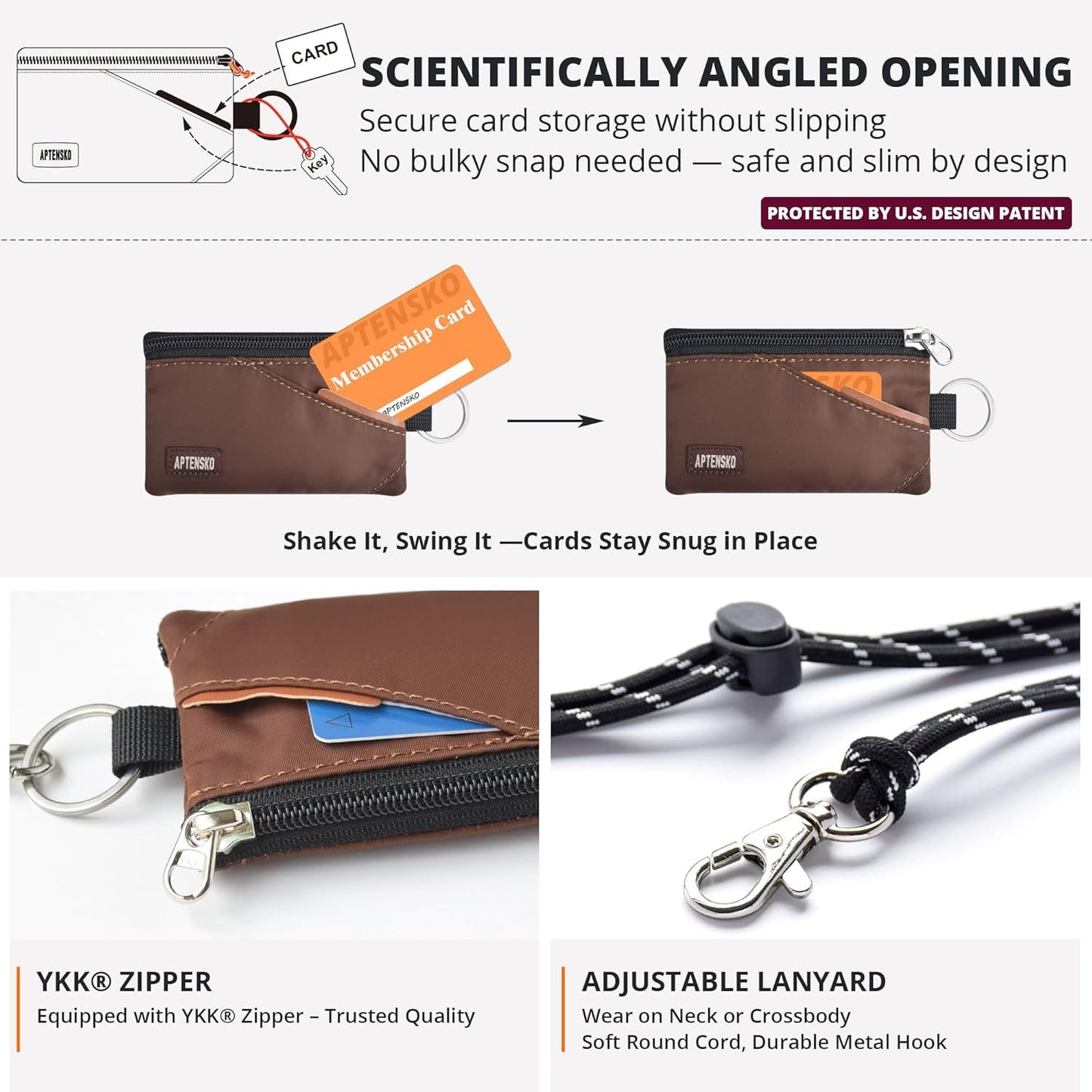 RFID Travel Wallet with Adjustable Lanyard-Zipper Small Wallet with ID Card Holder, Keychain for women&men-Minimalist Slim Waterproof Nylon case for ID, Cash, Key (Coffee)