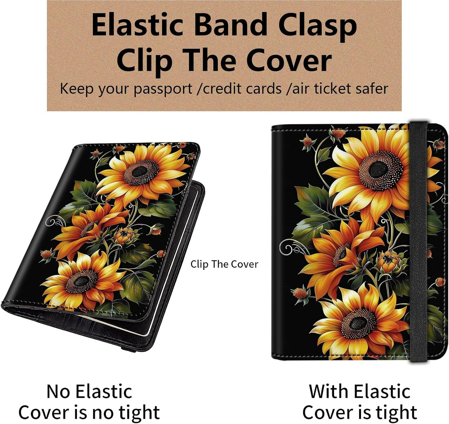 Passport and Vaccine Card Holder Cover Combo,Travel Passport Holder Wallet with RFID Blocking, Leather Vaccine Card Slot Passport Cover Case for Women & Men,Sunflowers-1150