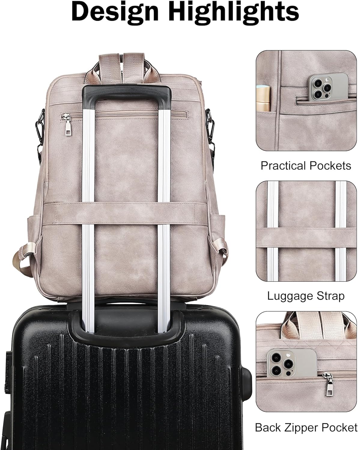 FADEON Laptop Backpack for Women Leather Travel Backpack with Laptop Compartment, Designer PU Shoulder Laptop Bag Grey