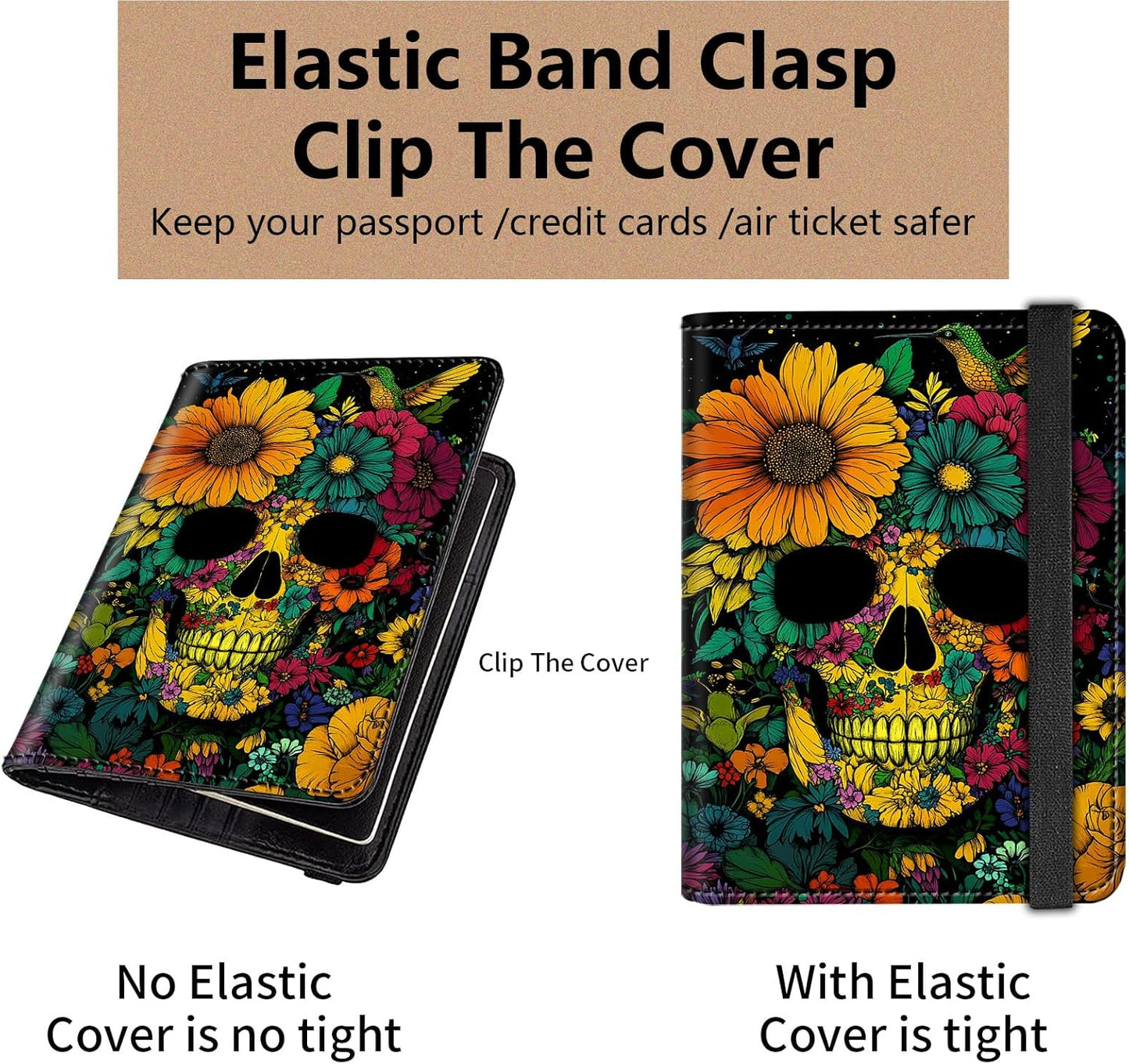 Passport and Vaccine Card Holder Cover Combo,Travel Passport Holder Wallet with RFID Blocking, Leather Vaccine Card Slot Passport Cover Case for Women & Men,Colorful Skull and Floral