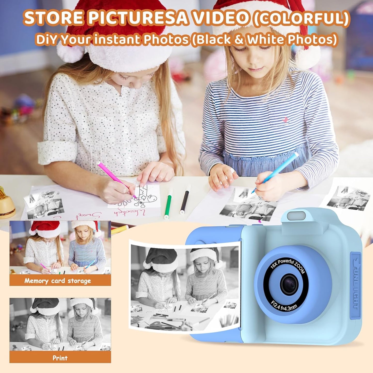Kids Camera Instant Print, Christmas Birthday Gifts Toys for Girls Boys Age 4 5 6 7 8 9 10 11 12 Years Old,1080P HD Dual Lens Selfie Digital Camera with 5 Rolls Print Paper Stickers Pens 32G Card