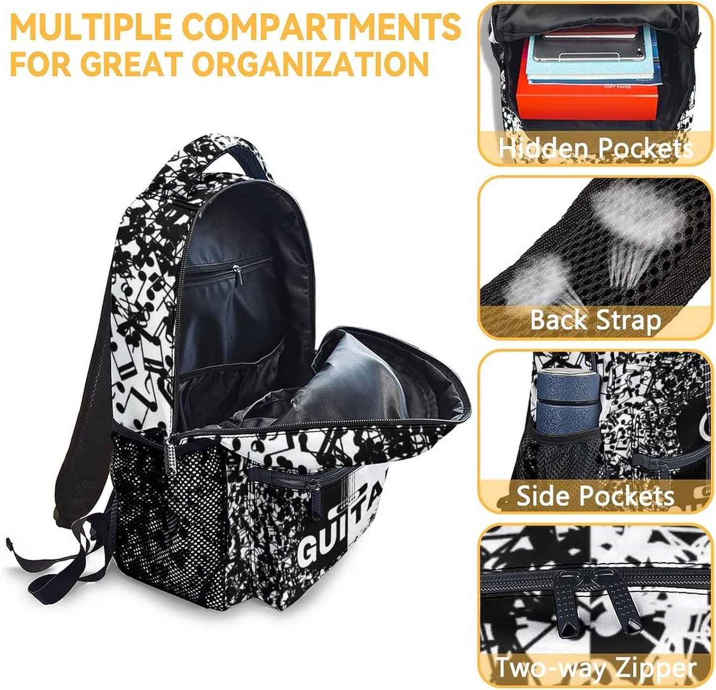 Mercuryelf Guitar Kids Backpack with Lunch Box Set, 3 in 1 School Backpacks Matching Combo, Cool Black White Bookbag and Pencil Case Bundle