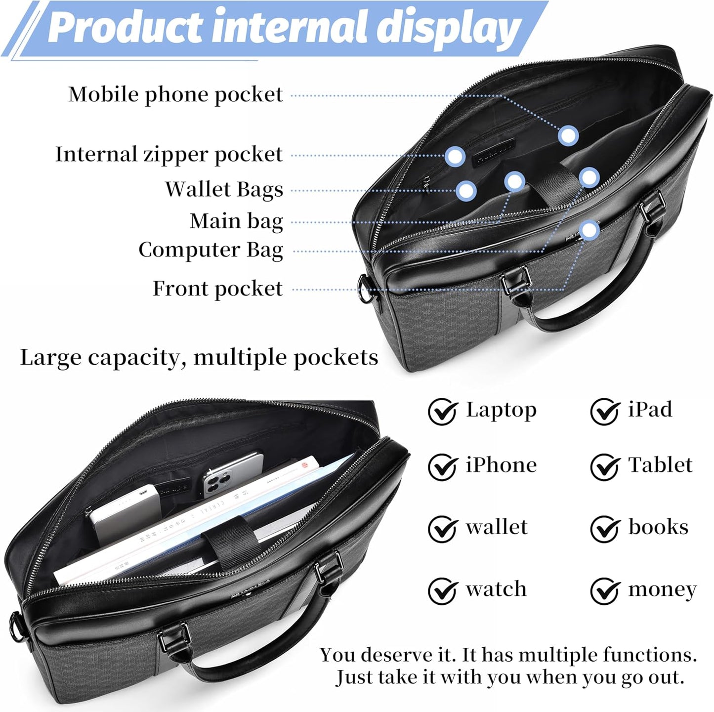 FSD. WG Business Bag Leather Messenger Bag Water Resistant Business Travel Briefcase Handbag Briefcase for Men