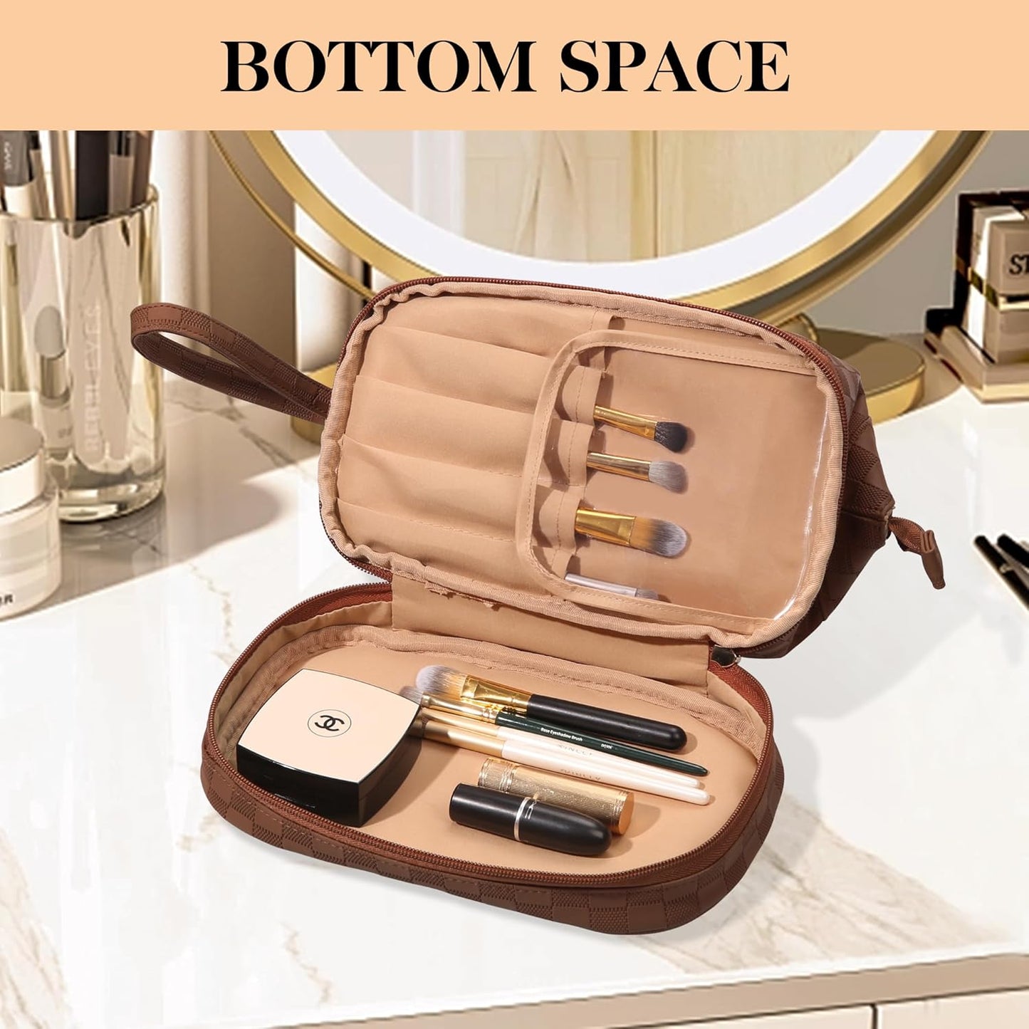 Abiudeng Large Capacity Makeup Bag Ladies Cosmetic Bag Travel Bag with Compartments Portable PU Leather Travel Makeup Bag with Handle