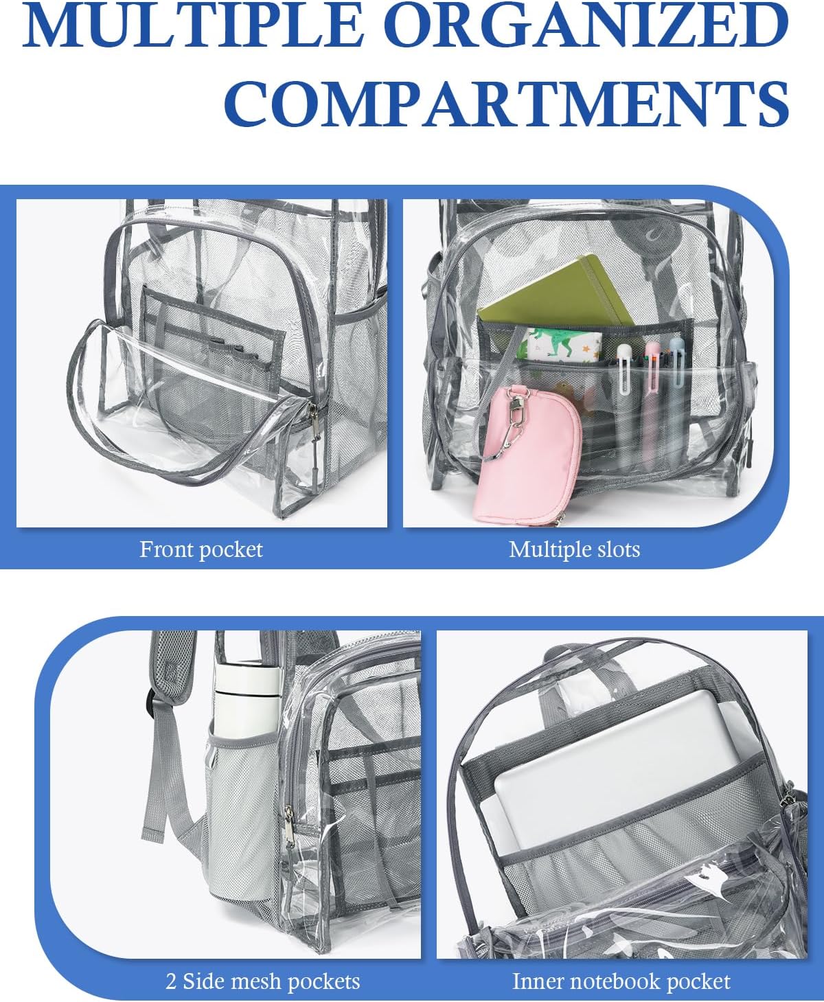 Clear Backpack for School, 17 inch Large Heavy Duty-TPU See Through Bookbag for Boys Girls and Adult, Transparent Backpack With Multi-Pockets for College Work Gym Sport, Light Grey
