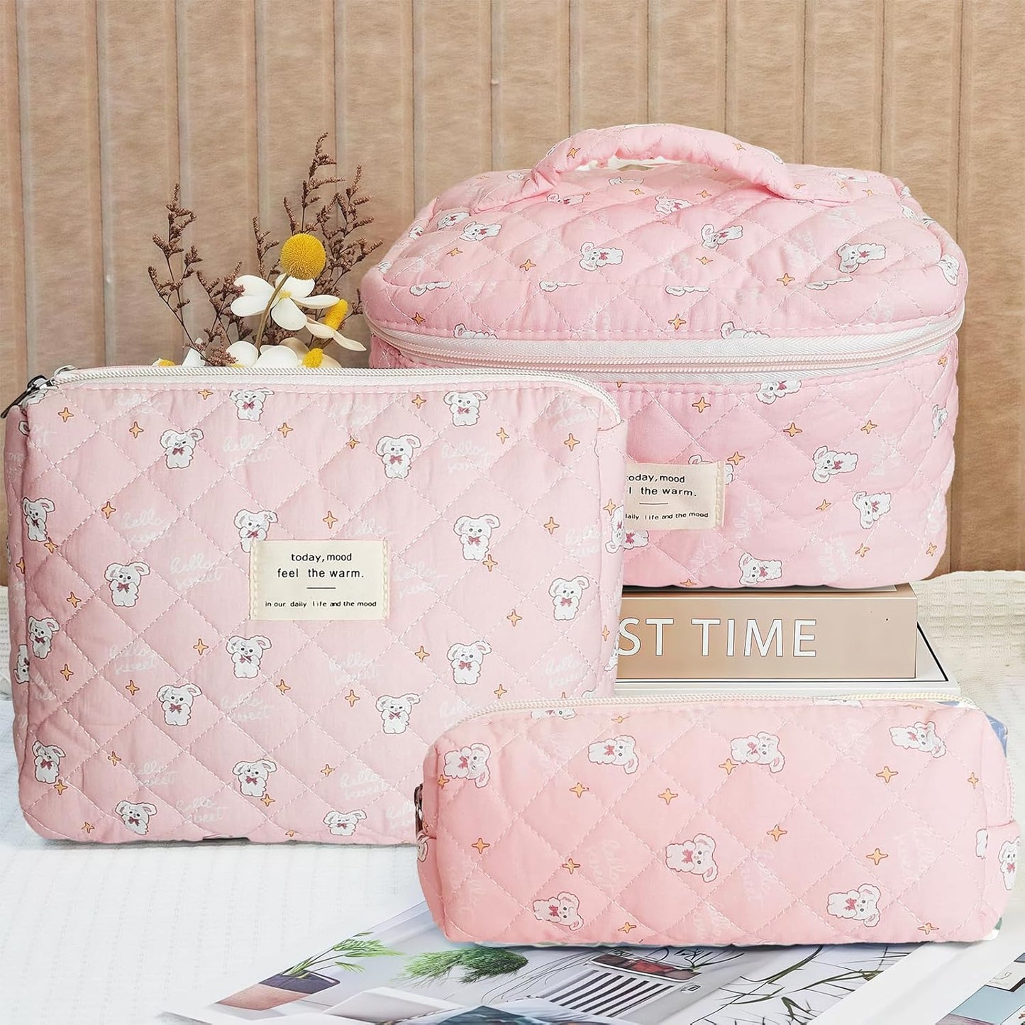 Quilted Makeup Bag, Large Capacity Travel Cosmetic Bag for Women and Girls, Aesthetic Storage for Daily and Travel Use (3pcs-RabbitAnimalPrint)