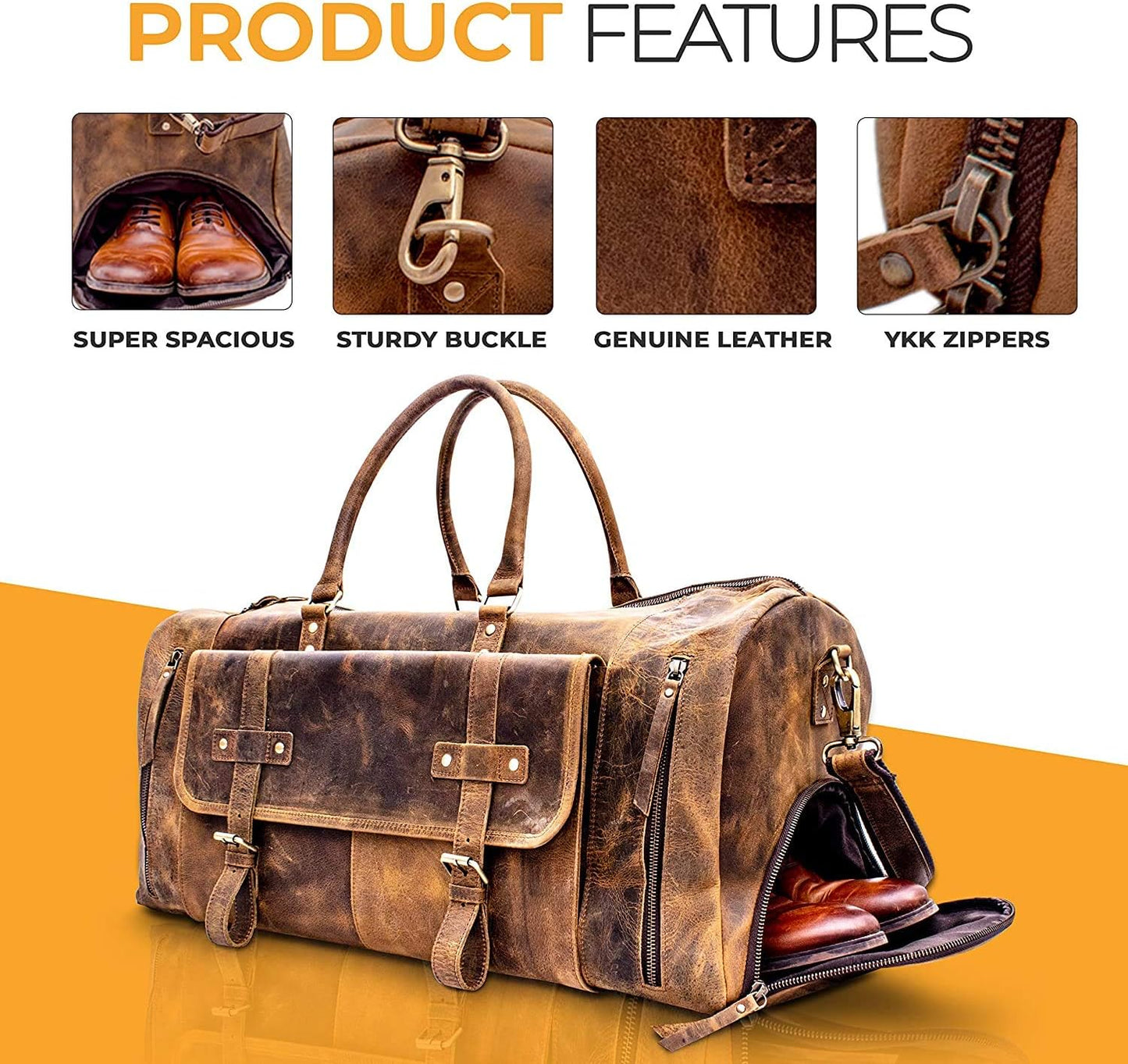 KomalC 24 Inch Brown Leather Duffel Bag for Men and Women with Shoe Pocket