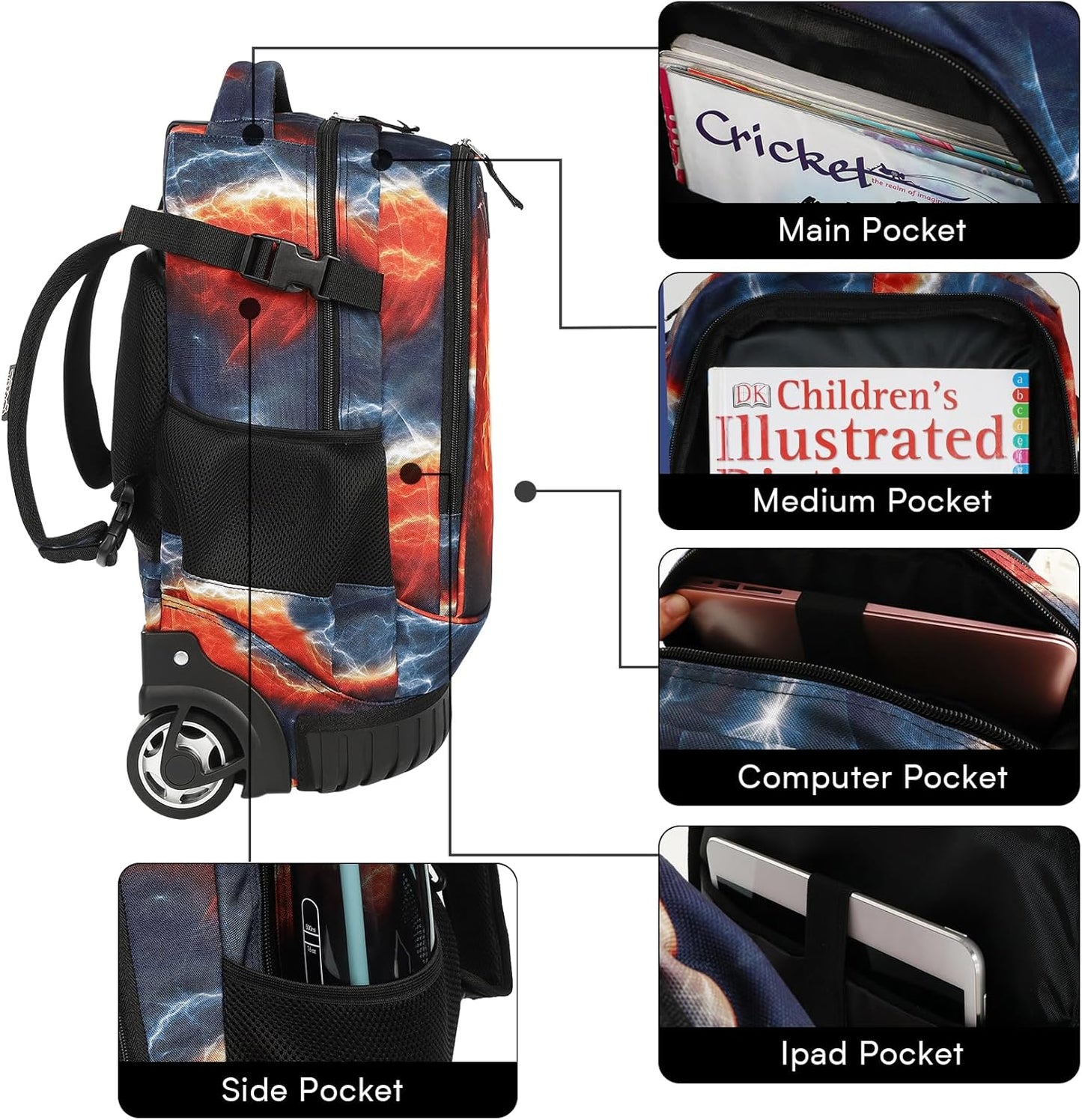 Tilami Rolling Backpack 19 inch Wheeled Cute LAPTOP Boys Girls Travel School Student Trip (Football)
