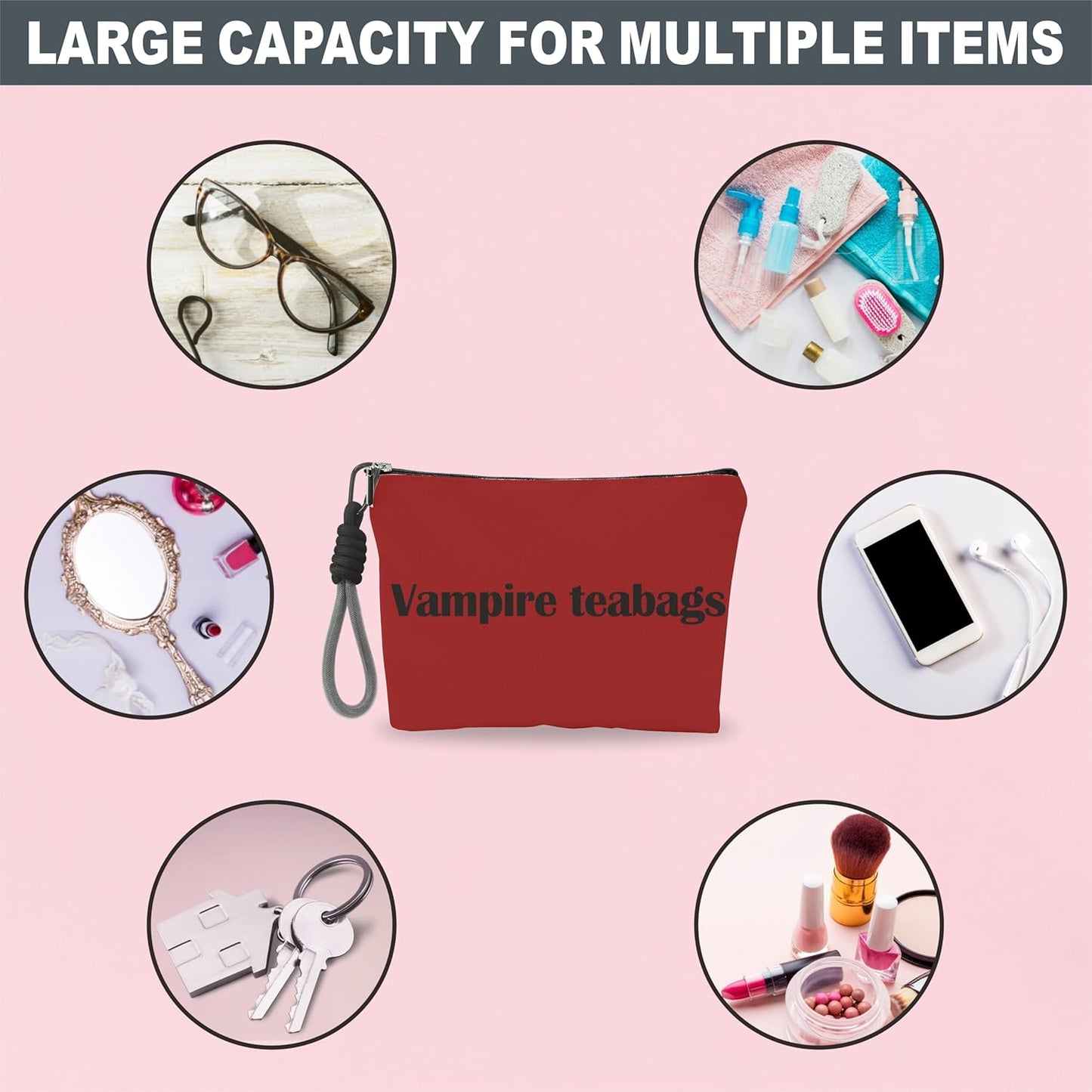 Make Up Bag For Woman, Cosmetic Bag With Hand Strap - Vampire Teabags - Lined Toiletry Bag - Gothic Pouch, Horror Organizer With Zipper, Women Essentials & Accessories - A18