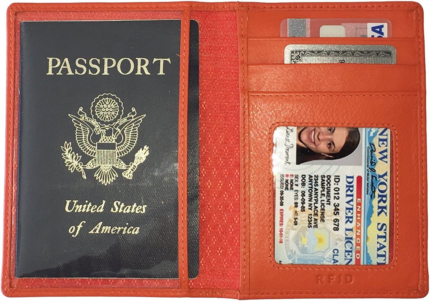 Personalized Monogrammed Orange Leather RFID Passport Wallet and 2 Luggage Tags