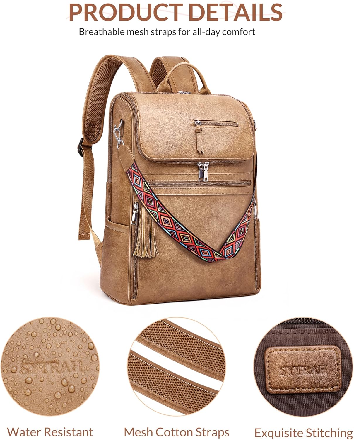 Leather Laptop Backpack for Women Designer Laptop Bag, 16.5 inch Travel Computer Backpacks Purse with Tassel for Work Business with Satchel Purse Camel Brown