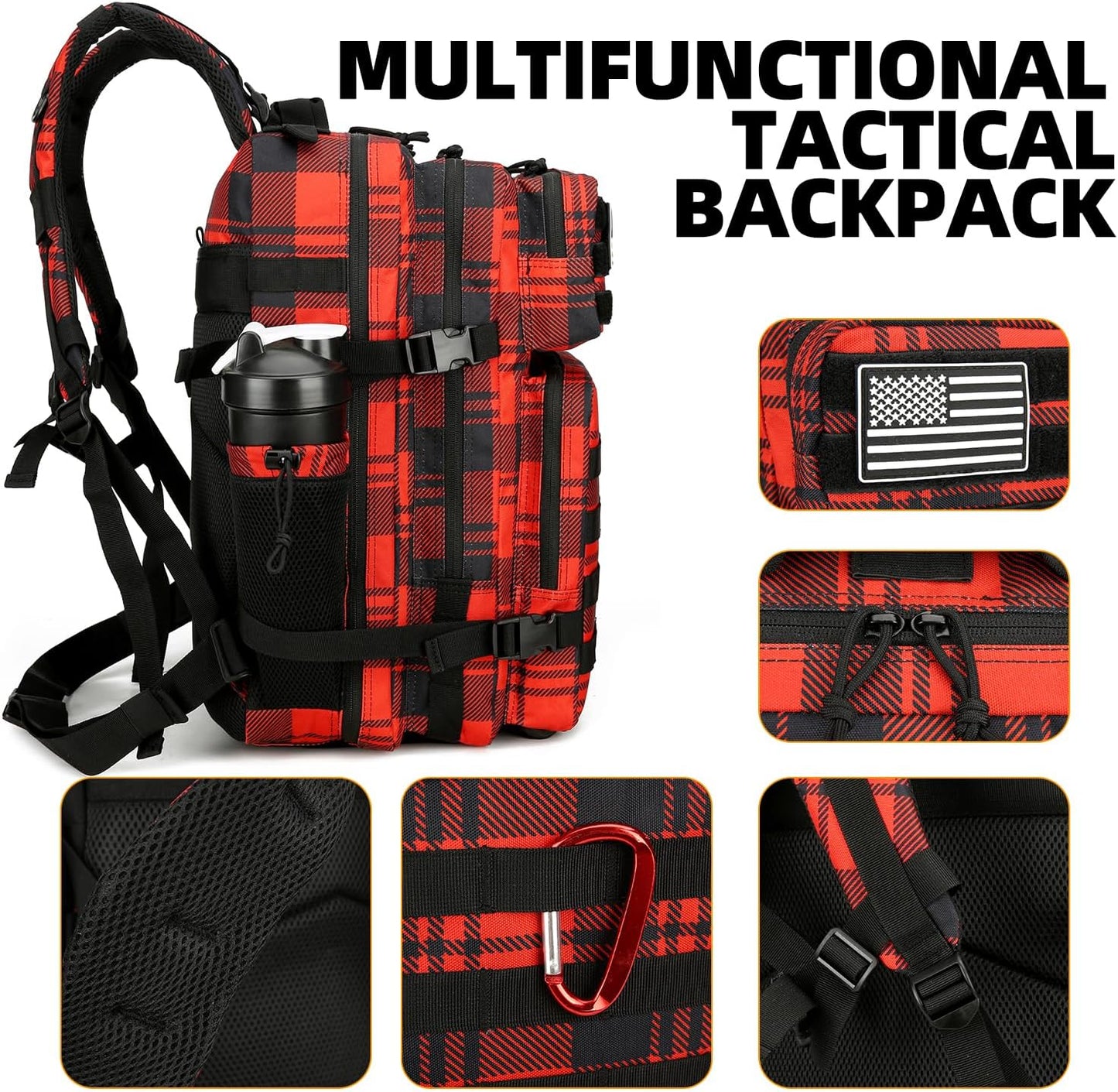 25L Tactical Backpack for Men and Women Military Backpack Army Assault Pack Molle Backpack Small Bug Out Bag Travel Rucksack Daypack (Red Plaid)