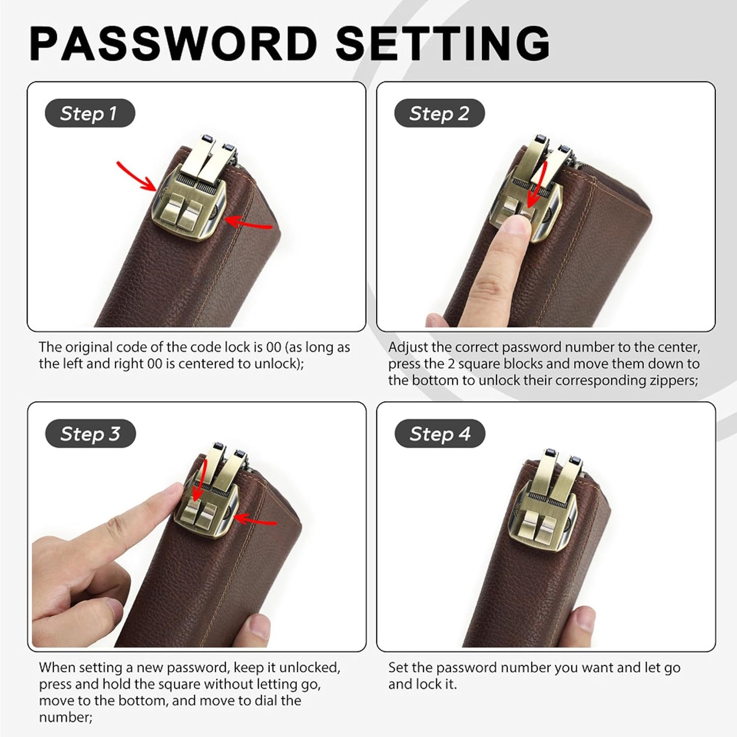 Top Grain Genuine Leather Zipper Clutch Wristlet Wallet for Man & Woman, Handmade, Multi Slots & Pockets & Combination Lock, RFID Large Capacity for Cards/Checks/Passports/Phone/Pen/AirTag, Red Coffee