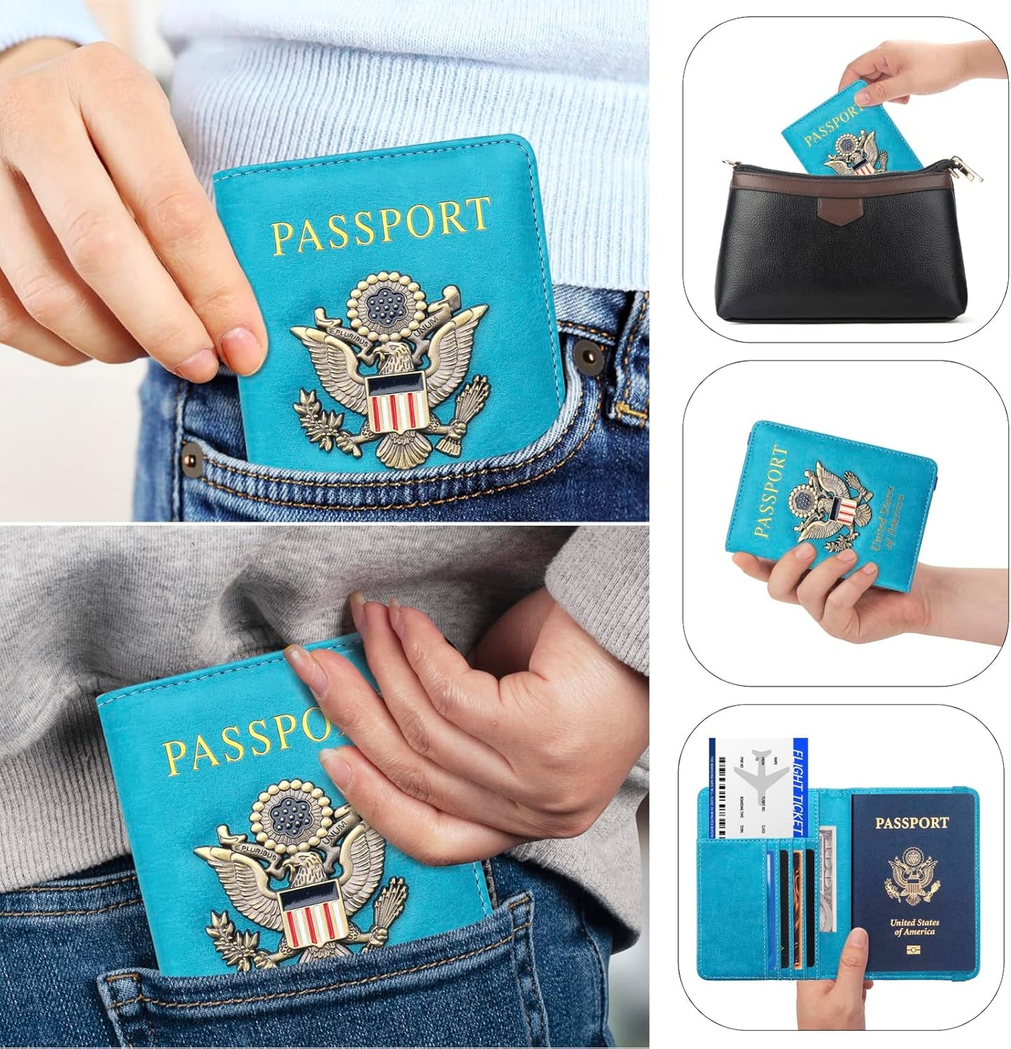 Passport Holder for Travel Men Women, RFID Blocking Passport Cover Leather Passport Wallet With 3D Metal Badge Waterproof Passport Case Travel Wallets Accessories Document Organizer (Sky Blue)