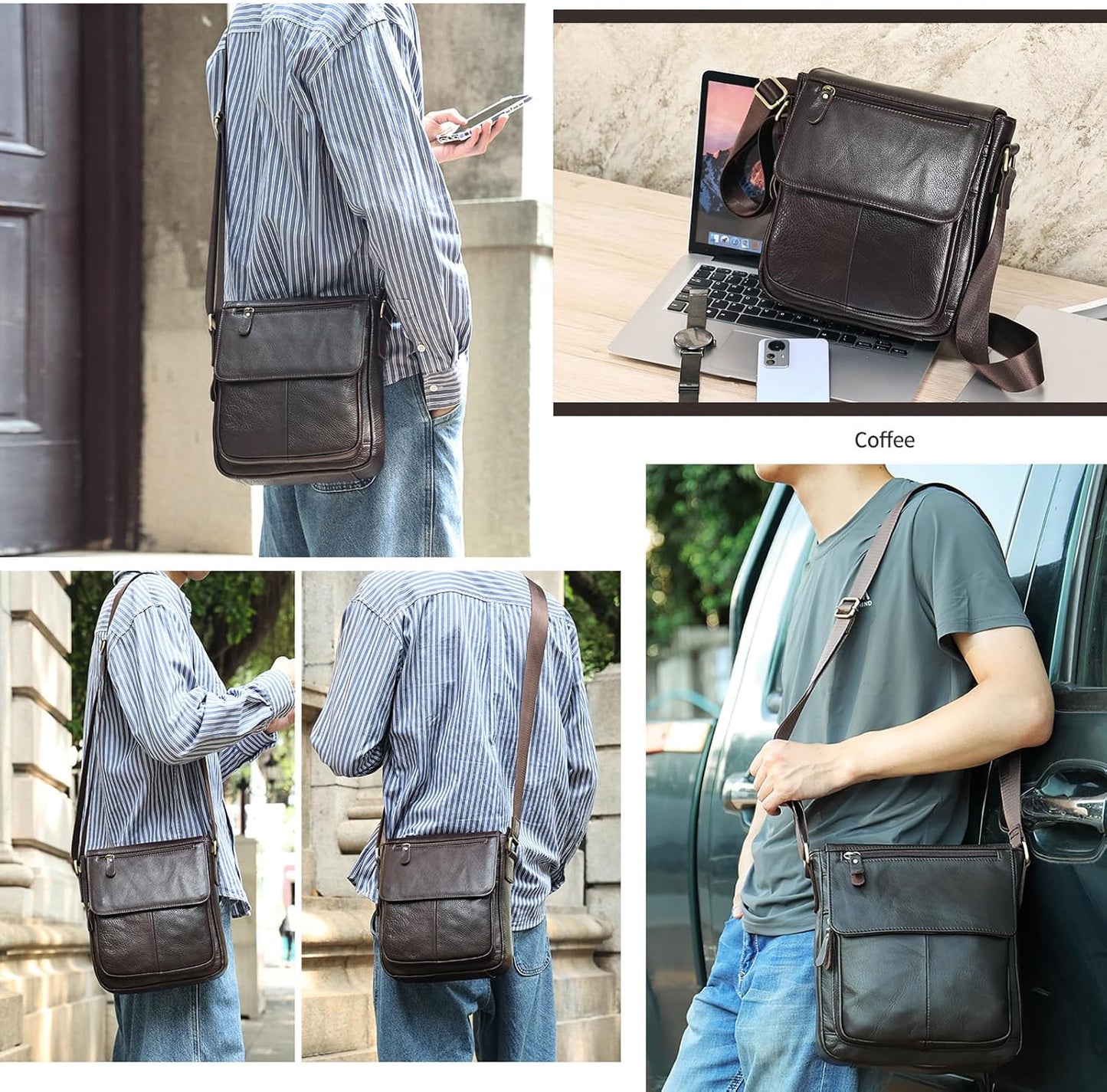 Genuine Leather Messenger Crossbody Shoulder Bag for Men, Man Purse Satchel Travel Handbag Work Business