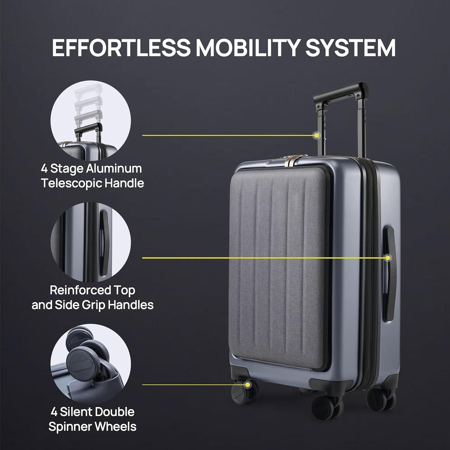 NINETYGO Carry on Luggage 22X14X9 Airline Approved with Front Pocket, 20 Inch Luggage with Front Compartment, Expandable, Double Spinner Wheels, Hardsided PC, TSA Lock (Shadow, Seine Max)