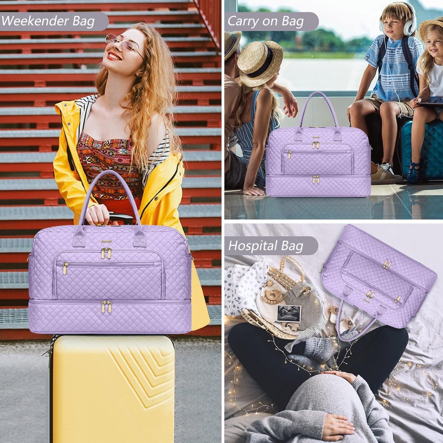 Travel Duffel Bags for Women with Shoe Compartment, Weekender Overnight Bag with Wet Pocket & Toiletry Bag, Carry On Personal Item Bag, Travel Tote Gym Bag, Hospital Bags for Labor and Delivery