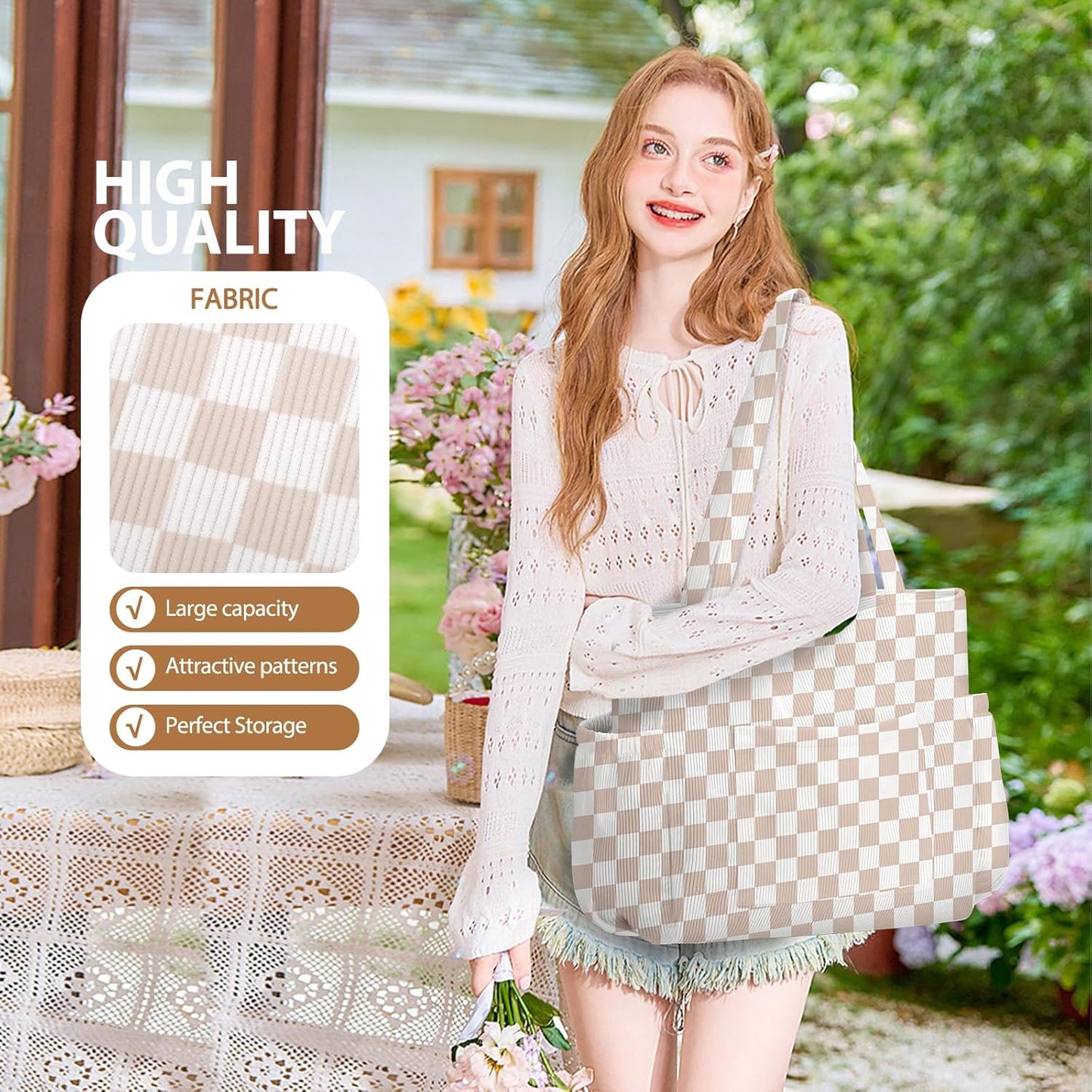 Corduroy Tote Bag for Women,Large Capacity Cute Tote Bags With 6 Pockets,Crossbody Shoulder Handbag