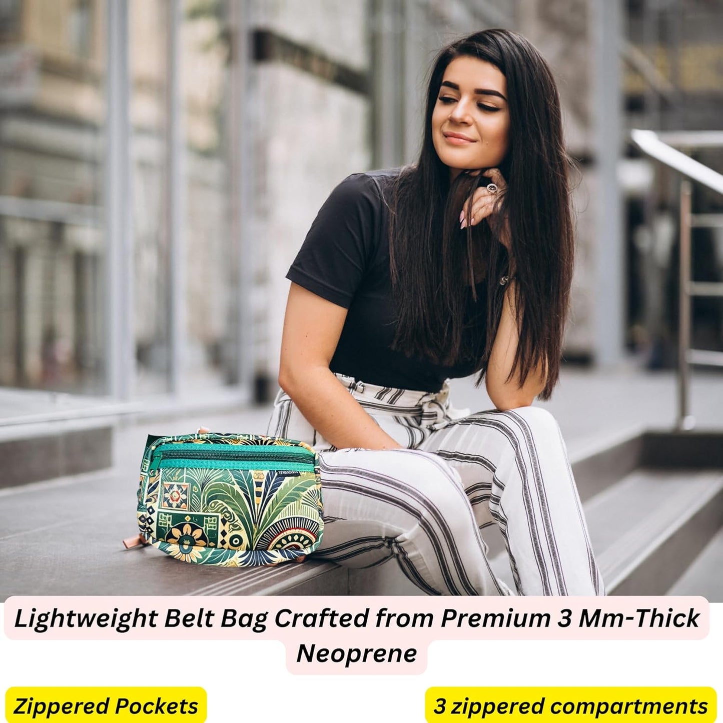 Yewande&co Neoprene Fanny Pack Belt Bag – Lightweight Waterproof Waist Bag with Adjustable Strap, 3 Zippered Pockets, Crossbody Belt Bag for Travel, African Design Crossbody Bags (Palms)